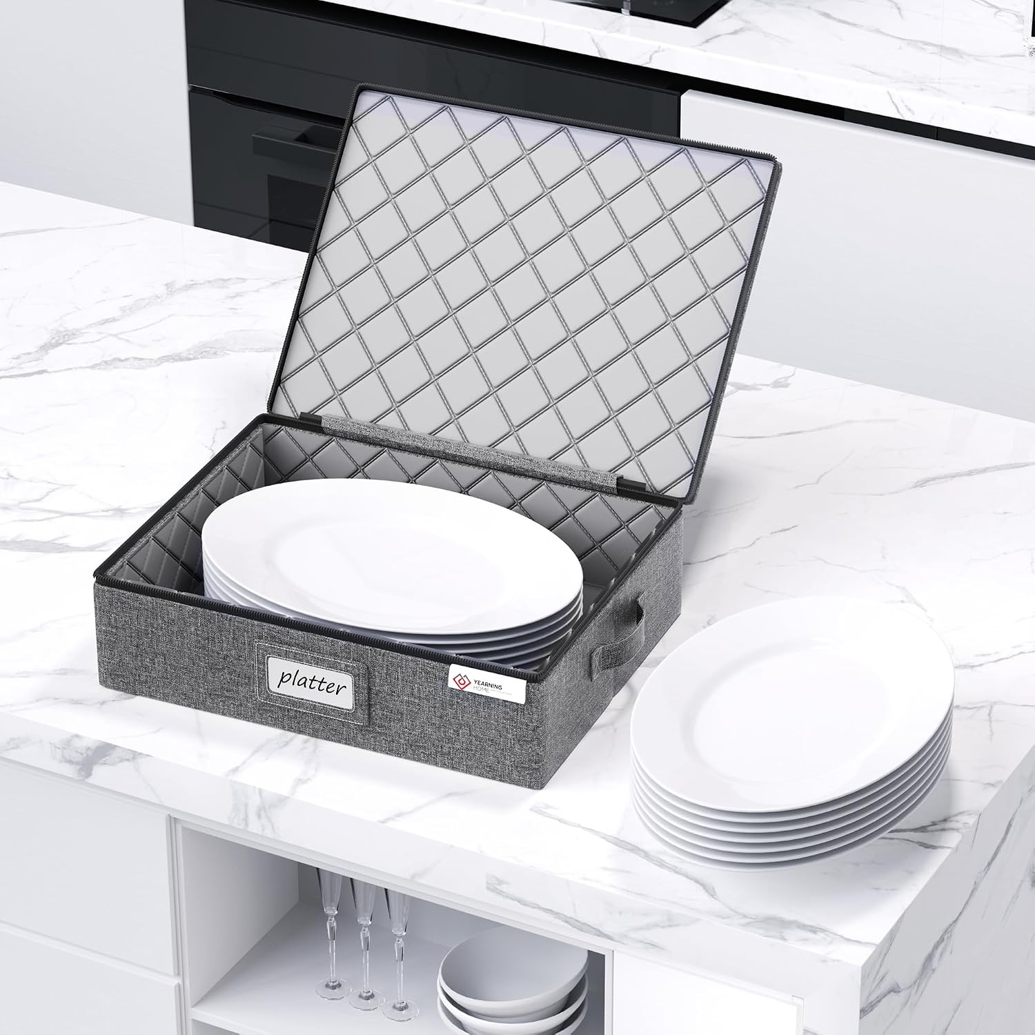 YearningHome Platter Storage Case,Hard Shell Fine China Storage Containers with Sturdy Handle and Zipper,Large Capacity with Felt Dividers for Plate,Moving and Seasonal Storage,2 Pack,Grey