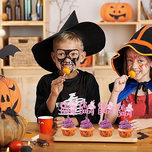 Miniatura 4 de Ercadio Paquete de 24 adornos para cupcakes Ghost Oh Baby con purpurina rosa para Halloween, fantasma, para cupcakes Ghost Oh Baby para baby shower,