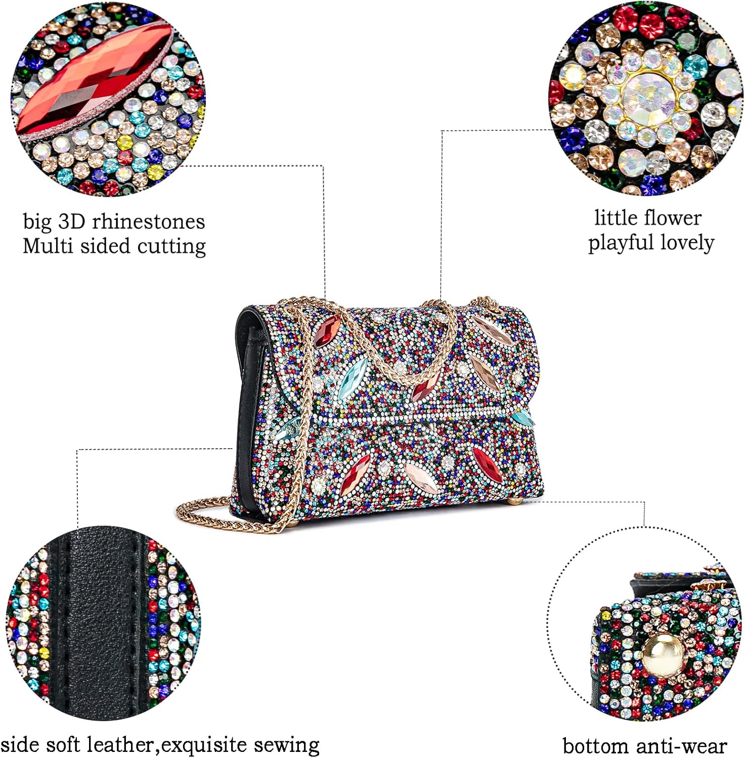 BBTT.ful Flower Evening Handbags Chain Strap Square Shoulder Bag Crossbody Bag Crystals Rhinestone Clutch Purse