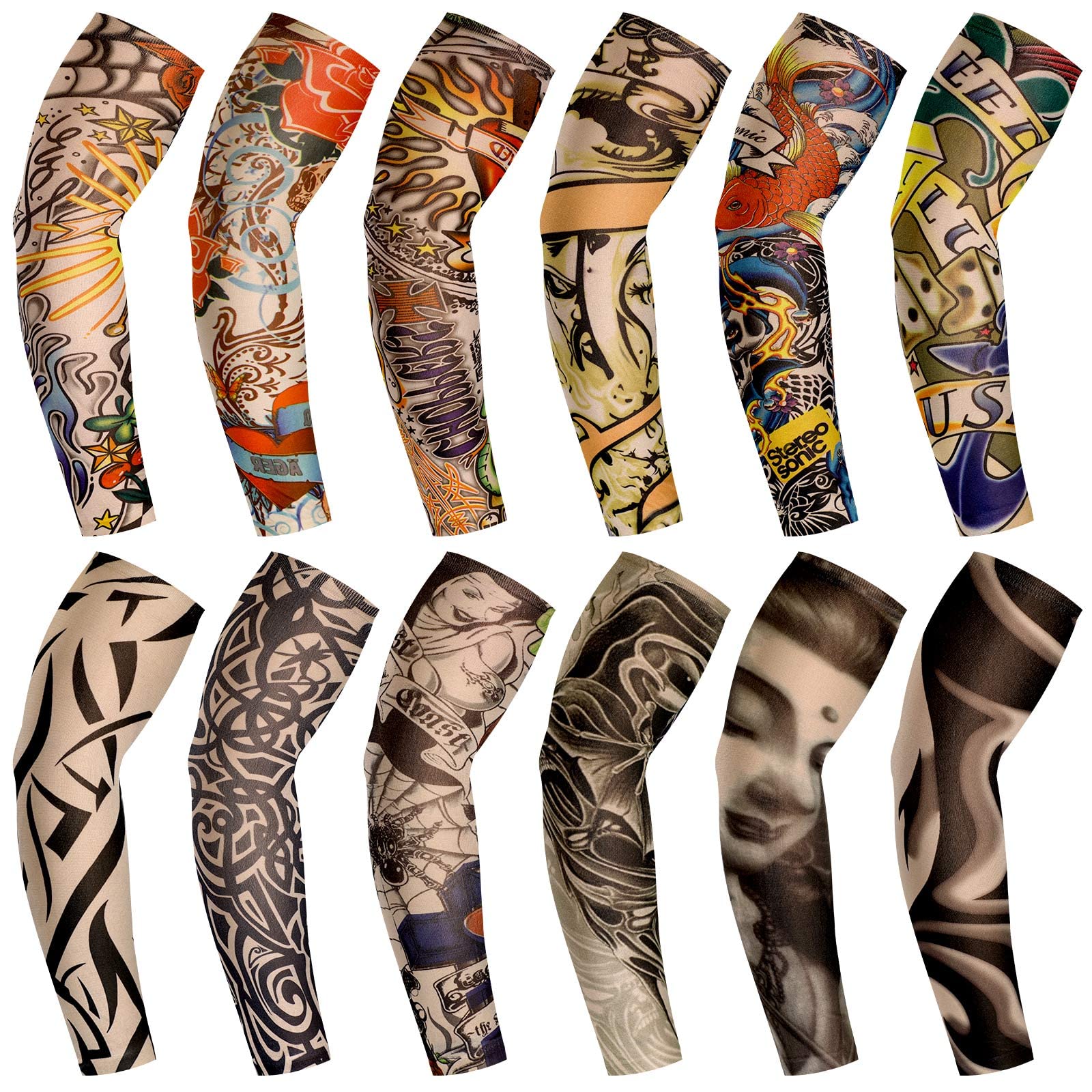 BBTO Set de Mangas de Tatuaje de 12 Piezas Mangas de Brazo de Protección Solar Falsas Guantes de Brazo de Flor de Elasticidad Suave para Ciclismo