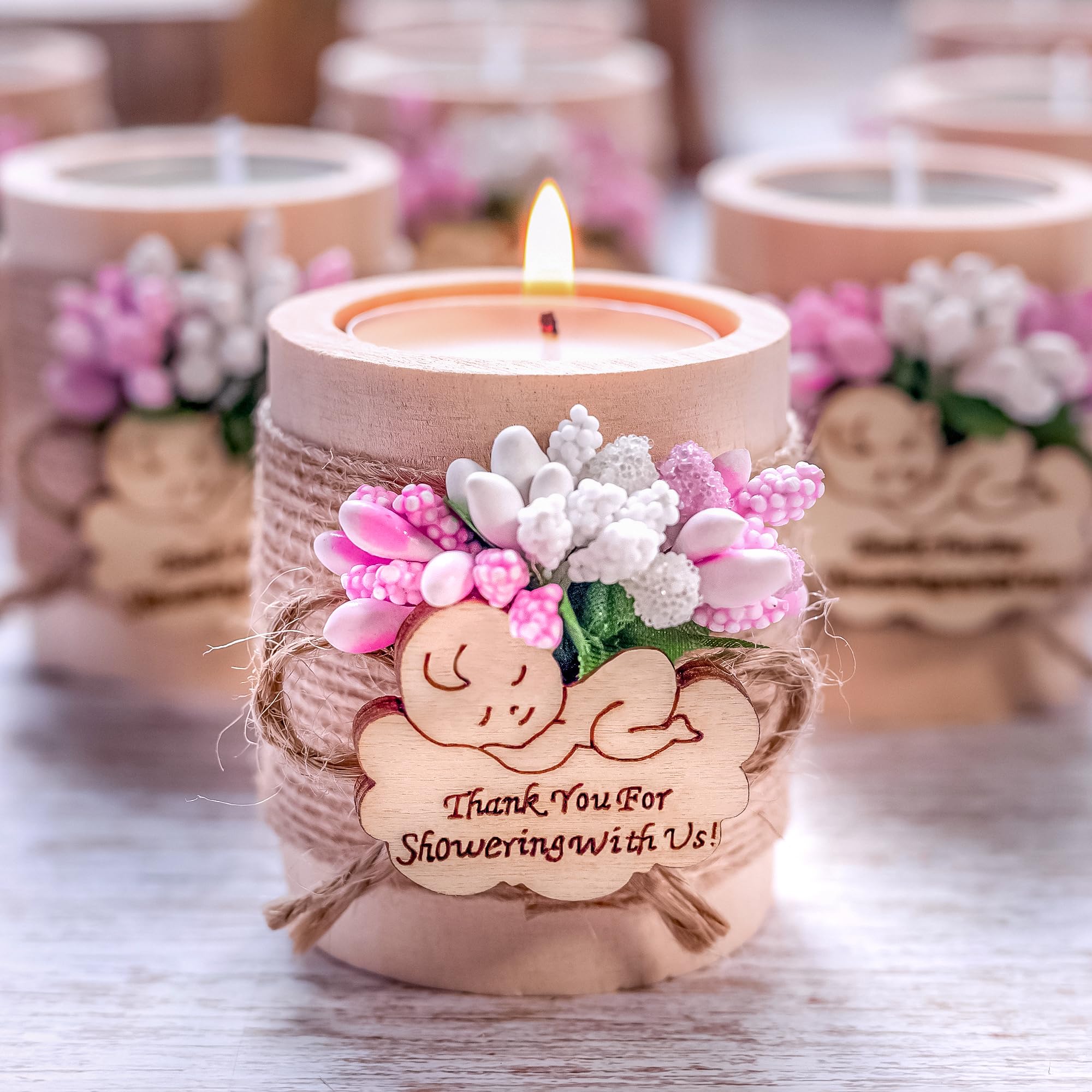 Ju's Favors Pack of 10 Wood Candle Holders,Baby Shower Favors for Girls,Baby Shower Party Favors for Guests,Tealight Holder (Pink Baby)