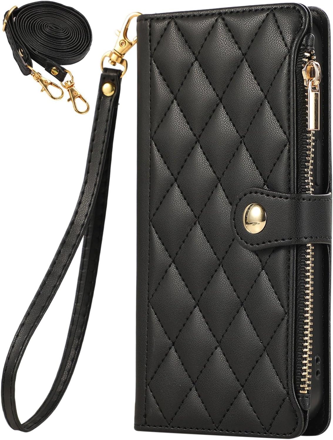 Crossbody Wallet Case for Realme 15T 5G with Card Holder, Soft PU Leather Magnetic Snap Flip Zipper Strap Phone Cover - Black