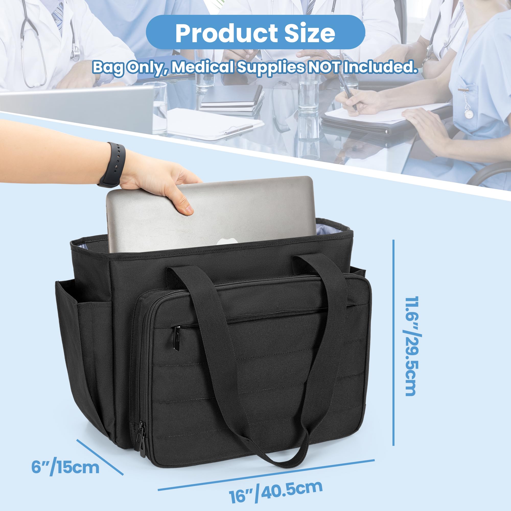CURMIO Sac de Travail pour Infirmière, Sac Médical Portable avec Pochette Accordéon et Housse pour Ordinateur Portable 15,6", Noir