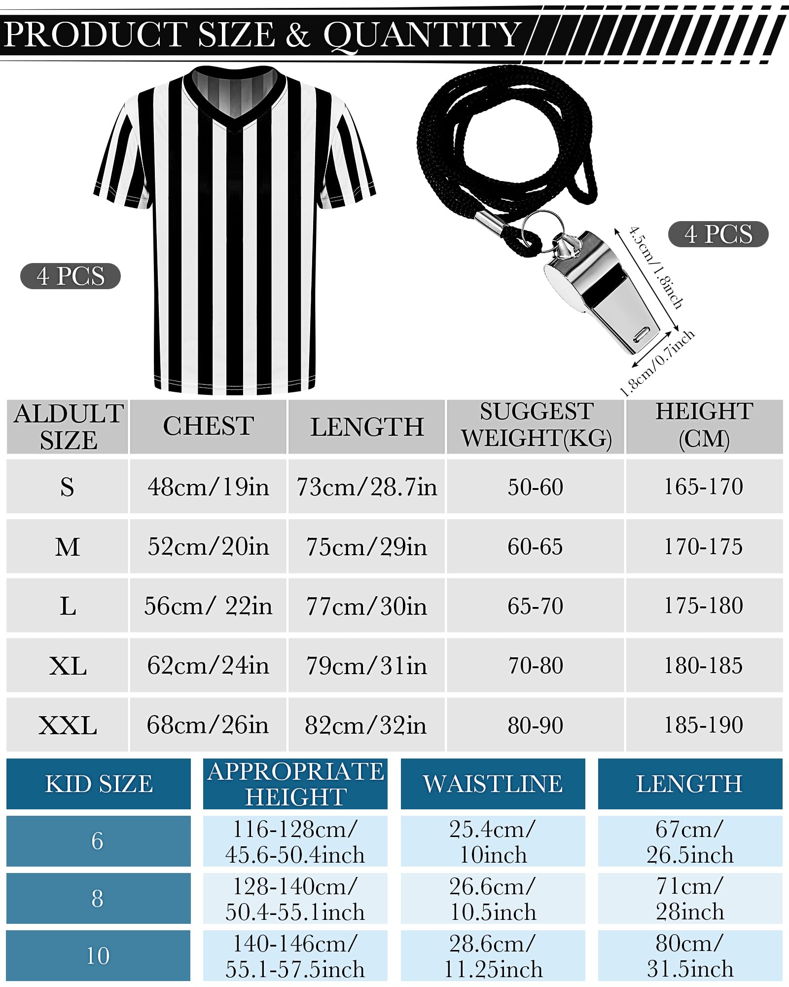 4 Paquets Chemise d'Arbitre à Rayures Blanches et Noires avec Sifflet Chemise Officielle de Costume d'Arbitre à Col en V Maillot d'Arbitre pour Hommes Football Basket-Ball (L)