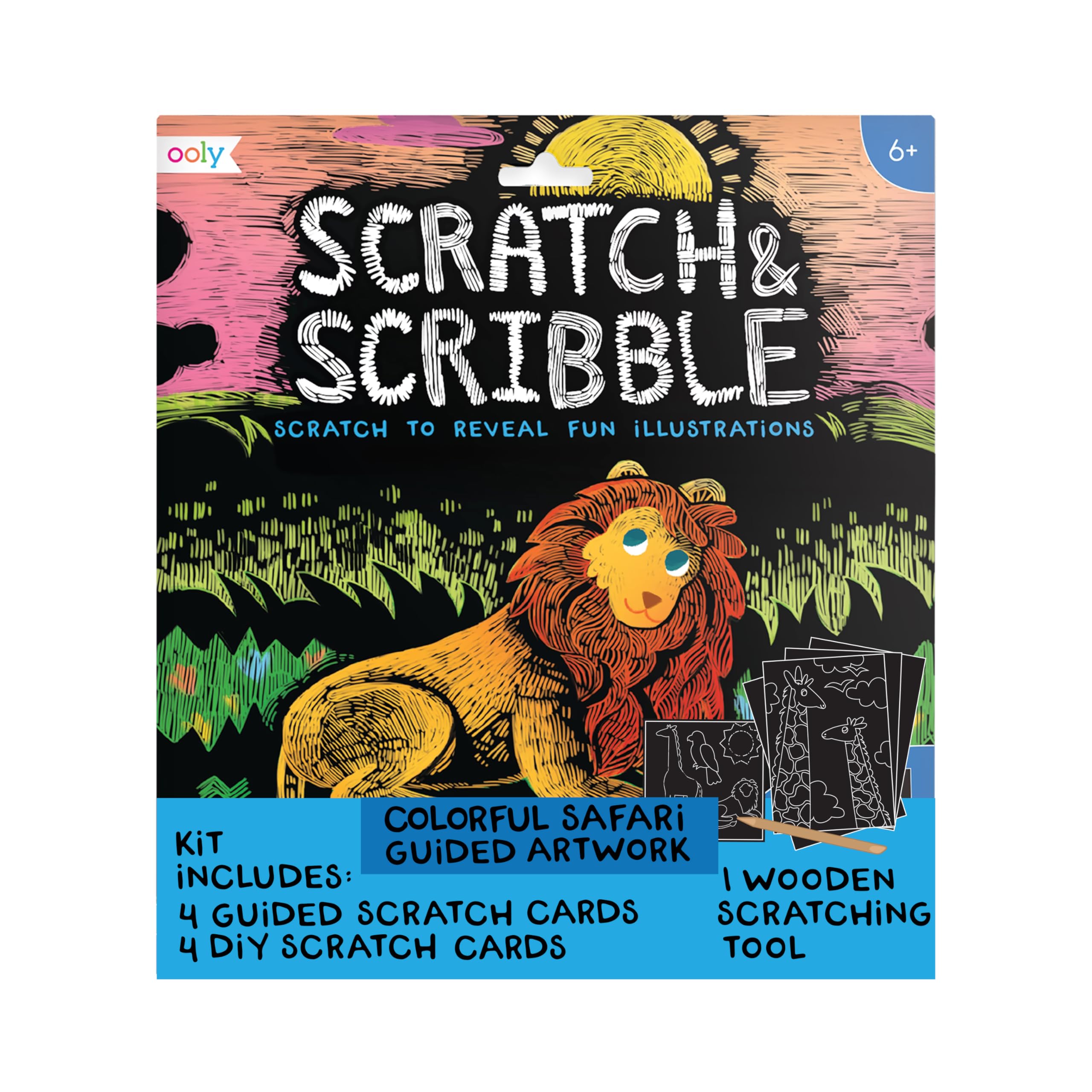 Ooly Scratch &amp; Scribble Art Kit, 8 Cards, Sticker Sheet – Colorful Safari
