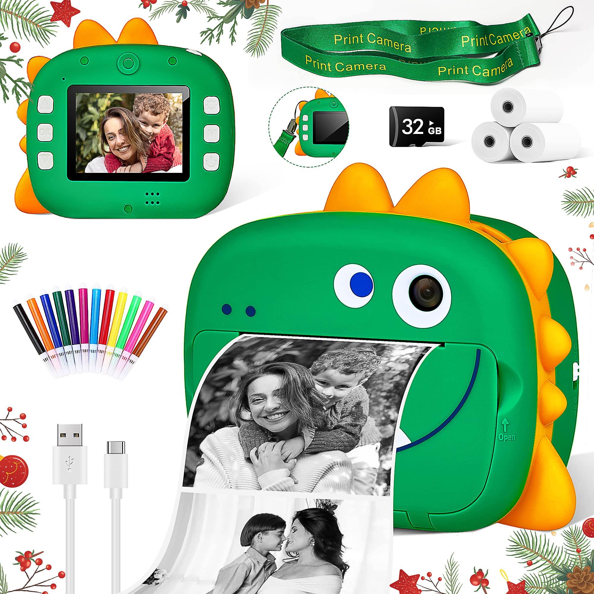 Kids Camera Print Toys for 3-12 Year Old, Instant Print Camera with 32GB Memory Card, Print Paper, Color Pens Set, Image and Video Recorder Educational Toy for Boys Girls Christmas Birthday Gifts