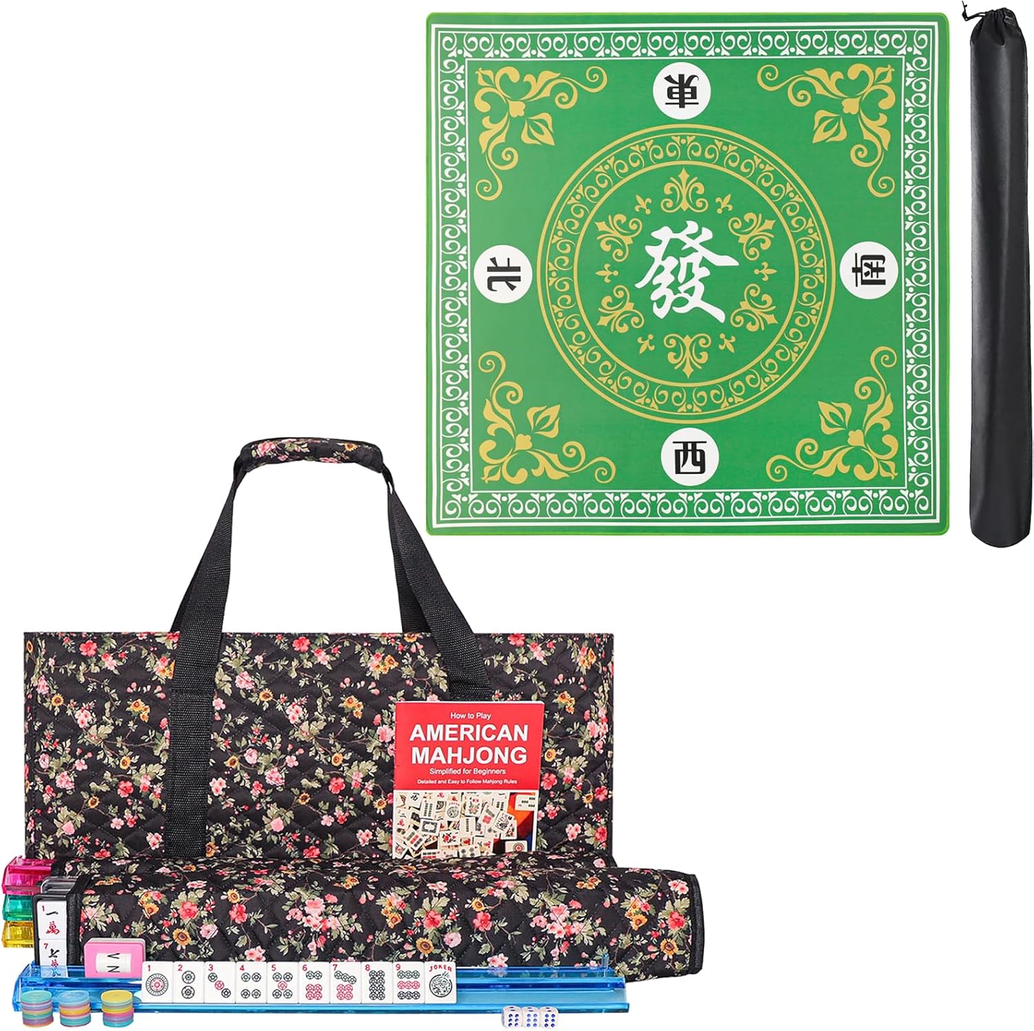 American Mahjong Game Set, 166 White Tiles, 4 All-in-One Color Rack/Pushers,Mahongg Tile Set, Printed Carrying Bag,Mahjong Mat,Mahjong Game Table Mat,31.5"x31.5" Green Rubber Anti-Slip Playmat