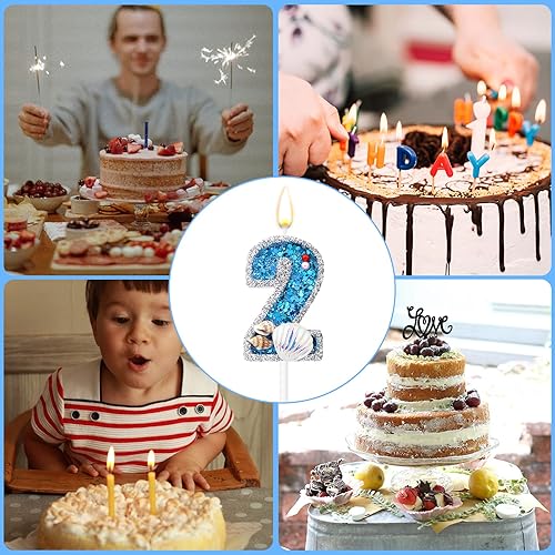 Miniatura 7 de Velas de números de cumpleaños de 3 x 2 pulgadas, velas de números azules con purpurina, velas de cumpleaños con conchas, conchas y lentejuelas para