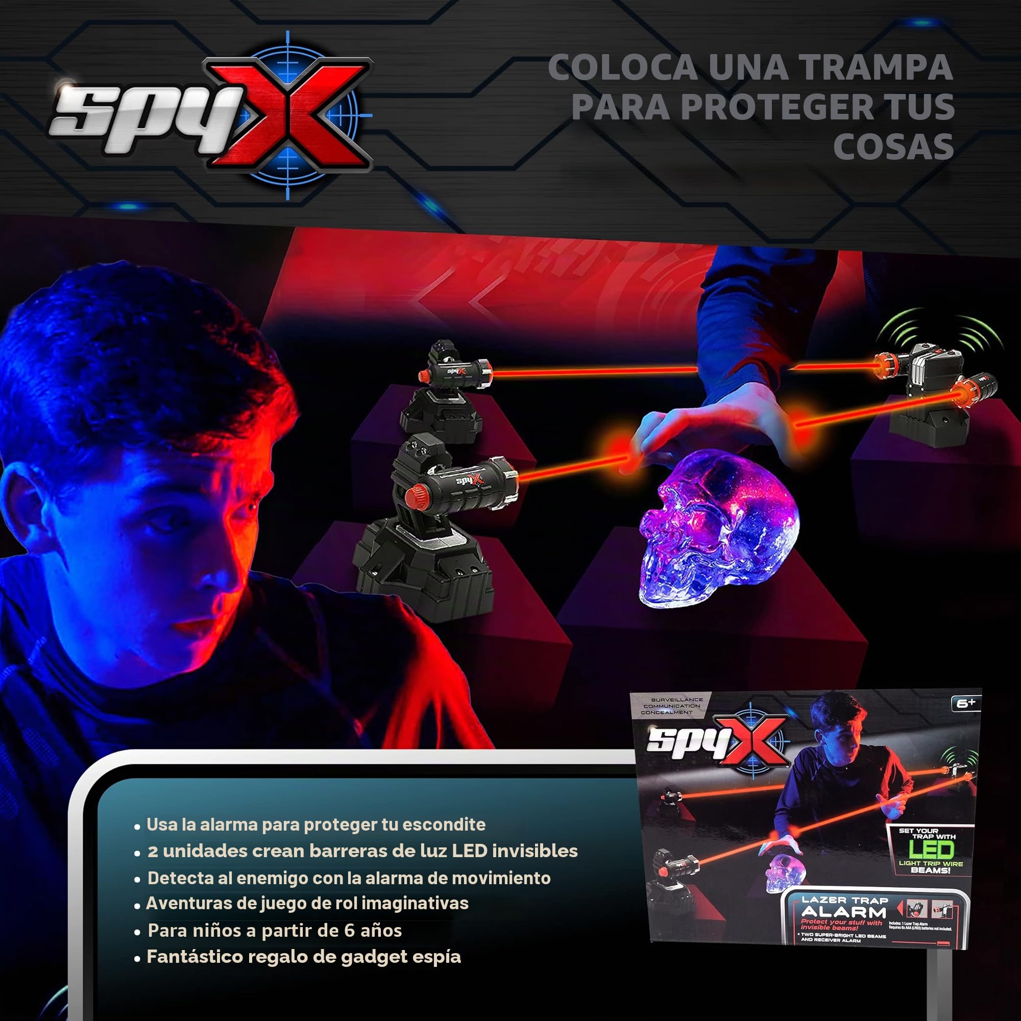 SpyX Lazer - Alarma de Trampa para niños, protégete con Haces de Alambre LED Invisibles para Divertidas misiones de espía, Incluye 2 Haces superbrillantes y Alarma receptora, más de 6 años