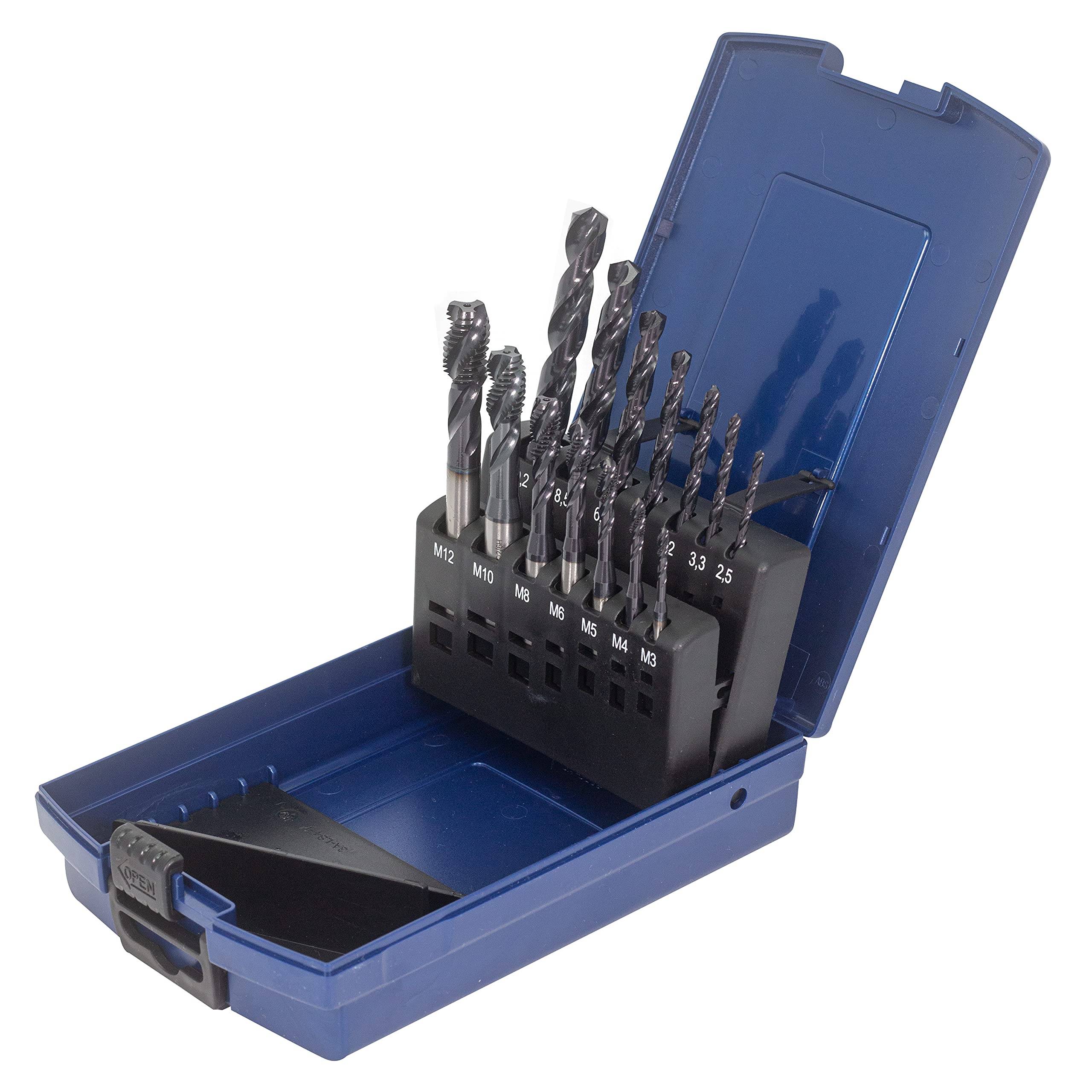 Set di punte per trapano a macchina, con foro cieco M3, M4, M5, M6, M8, M10, M12 HSSE-Co5, scatola di plastica 14 pezzi AlTiN con penna lubrificante