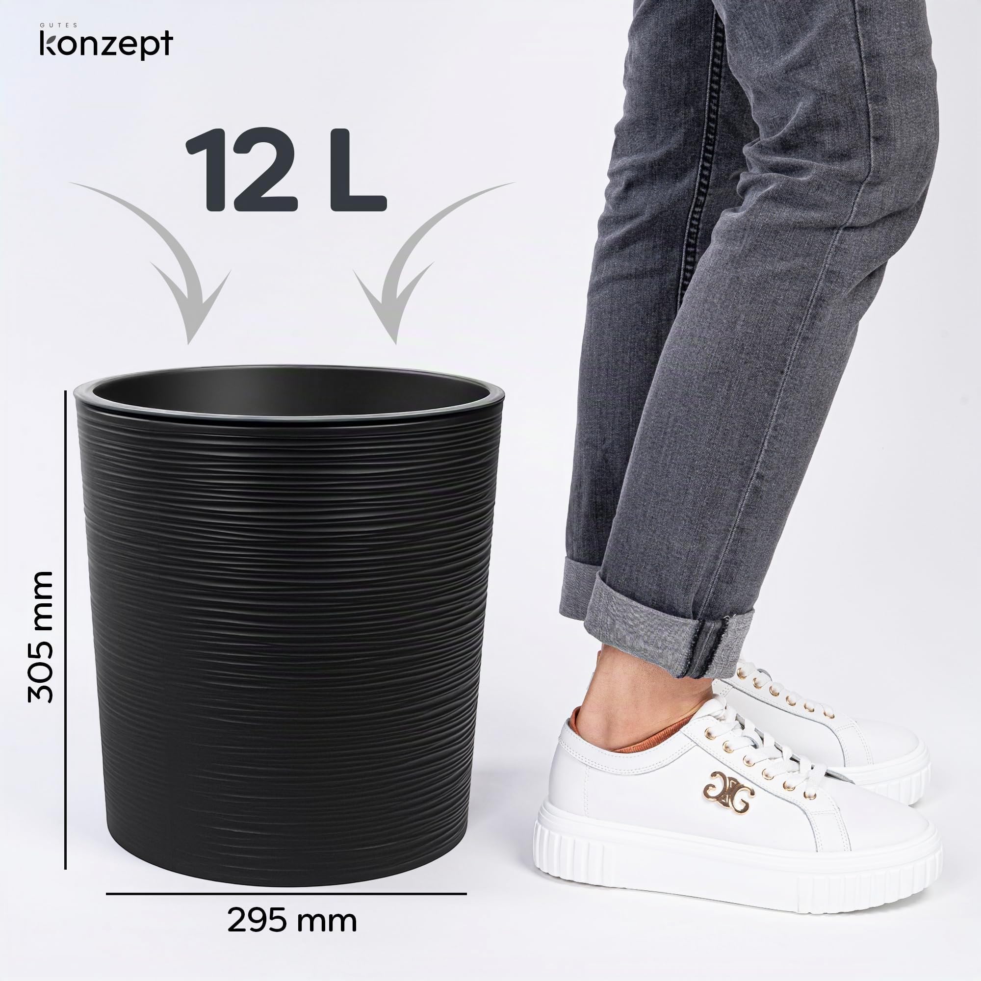 KONZEPT Grand pot de fleurs, pour l'intérieur, 30 cm, en plastique, noir, design traces de burin, avec insert intérieur