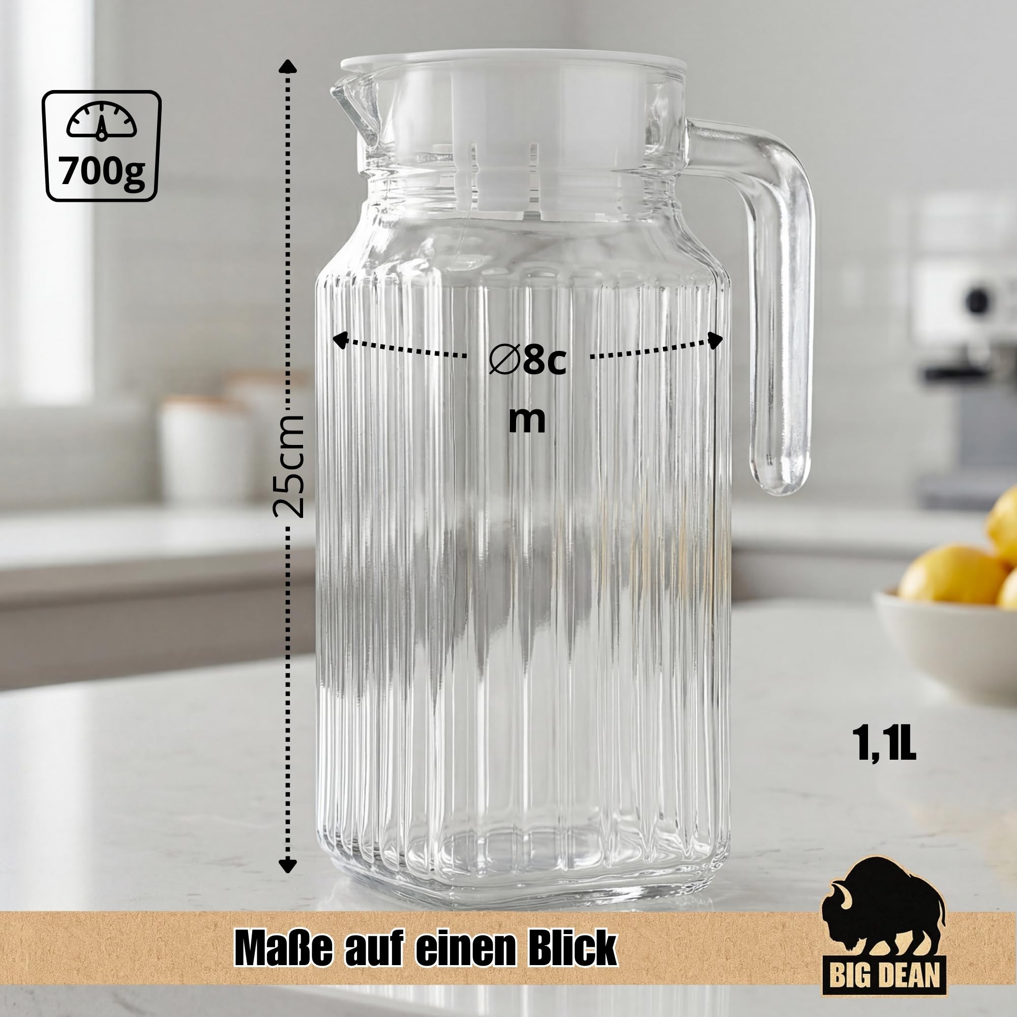 2 Stück Kühlschrankkrug 1,1 Liter Glas Wasserkrug mit Deckel ergonomischer Griff