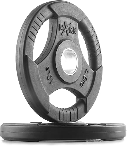 XMARK TRI-GRIP - Par o juego de discos de peso olímpicos, pesas de ejercicio con revestimiento de goma para barra olímpica, juego de pesas de