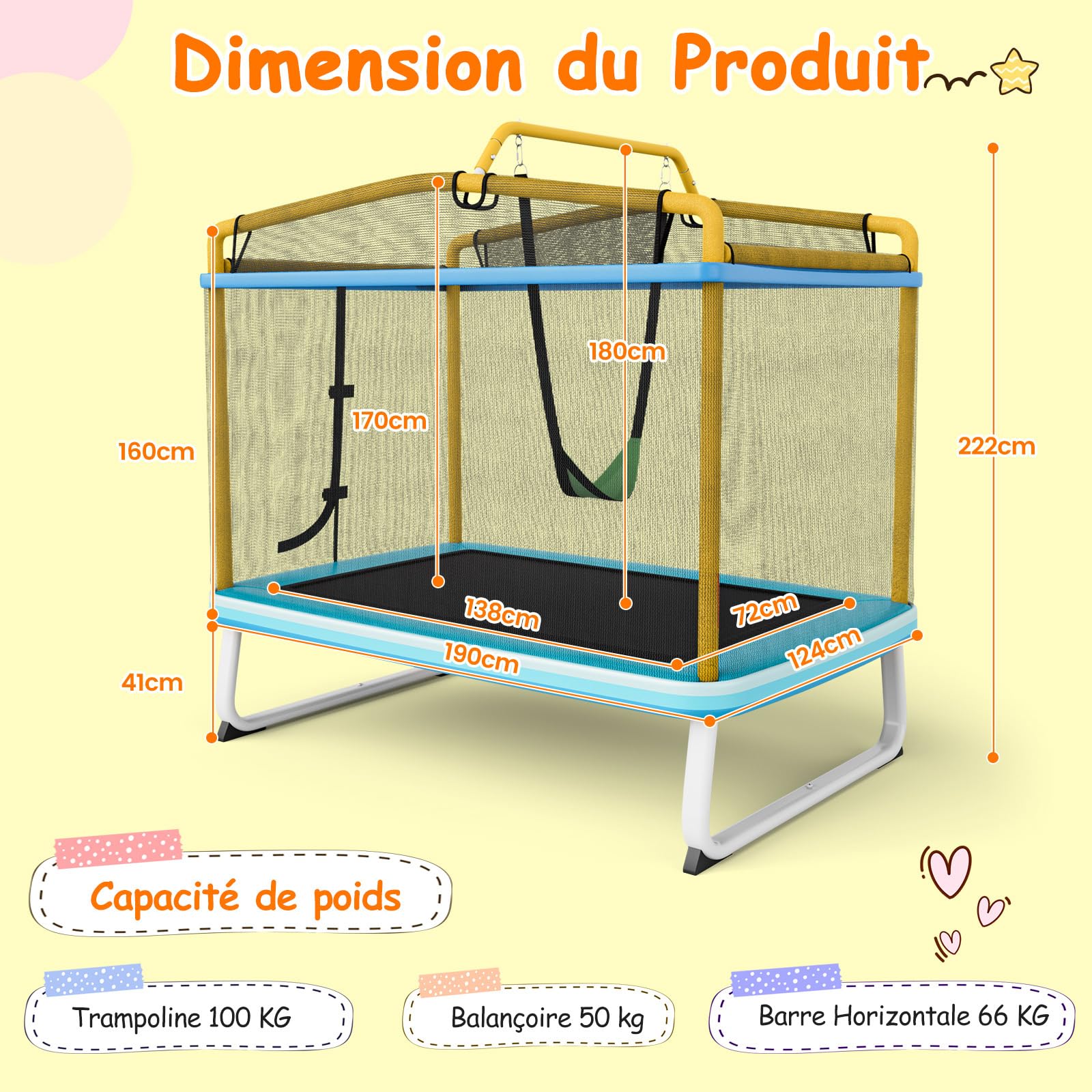 COSTWAY 3 en 1 Trampoline Extérieur Enfants Rectangulair (190x124cm) avec Balançoire & Barre Horizontale, Trampoline de Jardin avec Filet de Sécurité, Charge Max 100kg pour Garçon et Fille