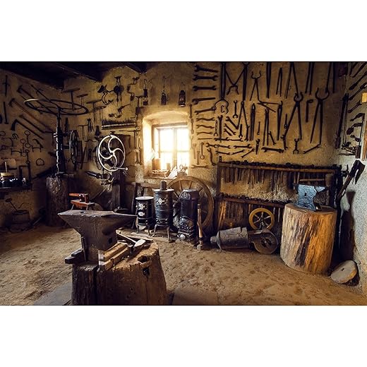 Vintage Smithy Workshop Interior Backdrop Traditional Anvil Blacksmith Shop Photography Background Rural Smithy Workshop Backdrop Decorations for Adult Man Photo Booth Shoot Vinyl Studio 7x5ft