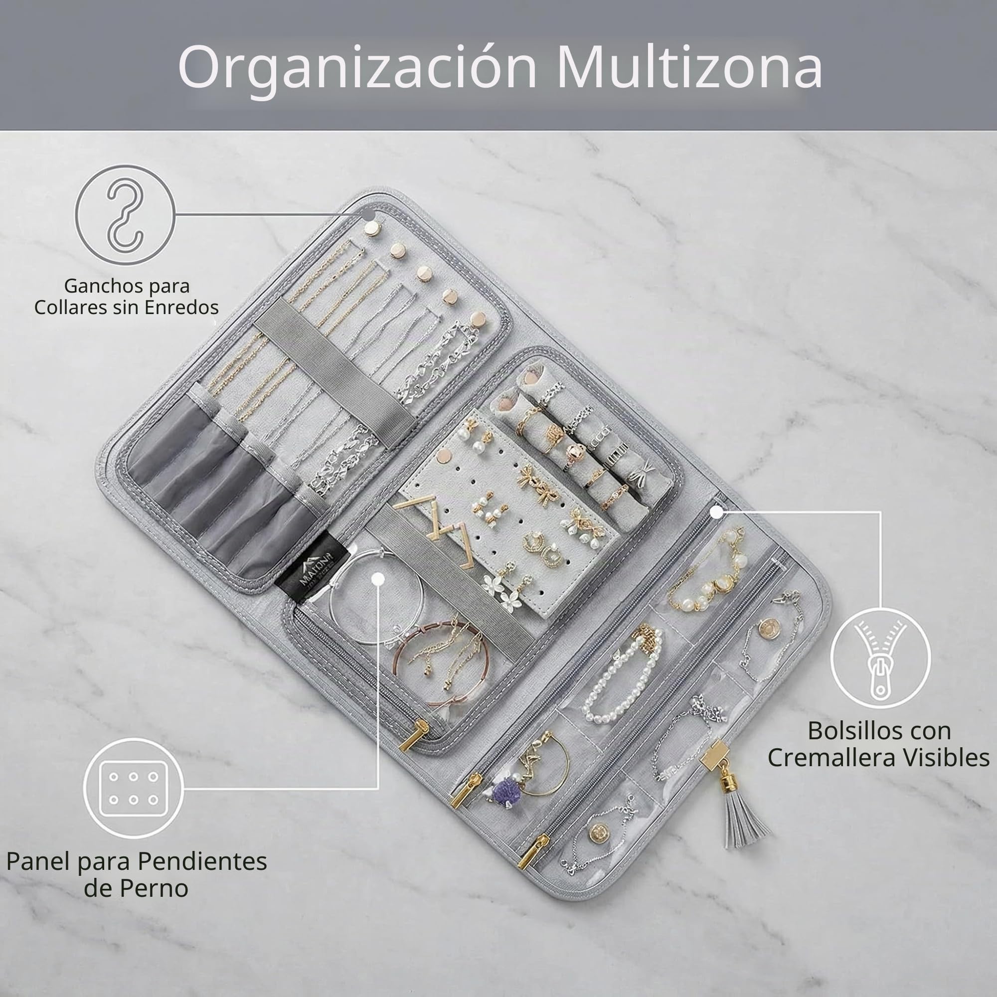 Rollo de Joyería Plegable Portáti Gran Capacidad Bolsa de Rollo de Joyería Portáti Enrollable Suave para Joyería Caja Joyero Portátil para Collares,Pendientes,Anillos, Pulsera,Pendientes Anillos(Gris)