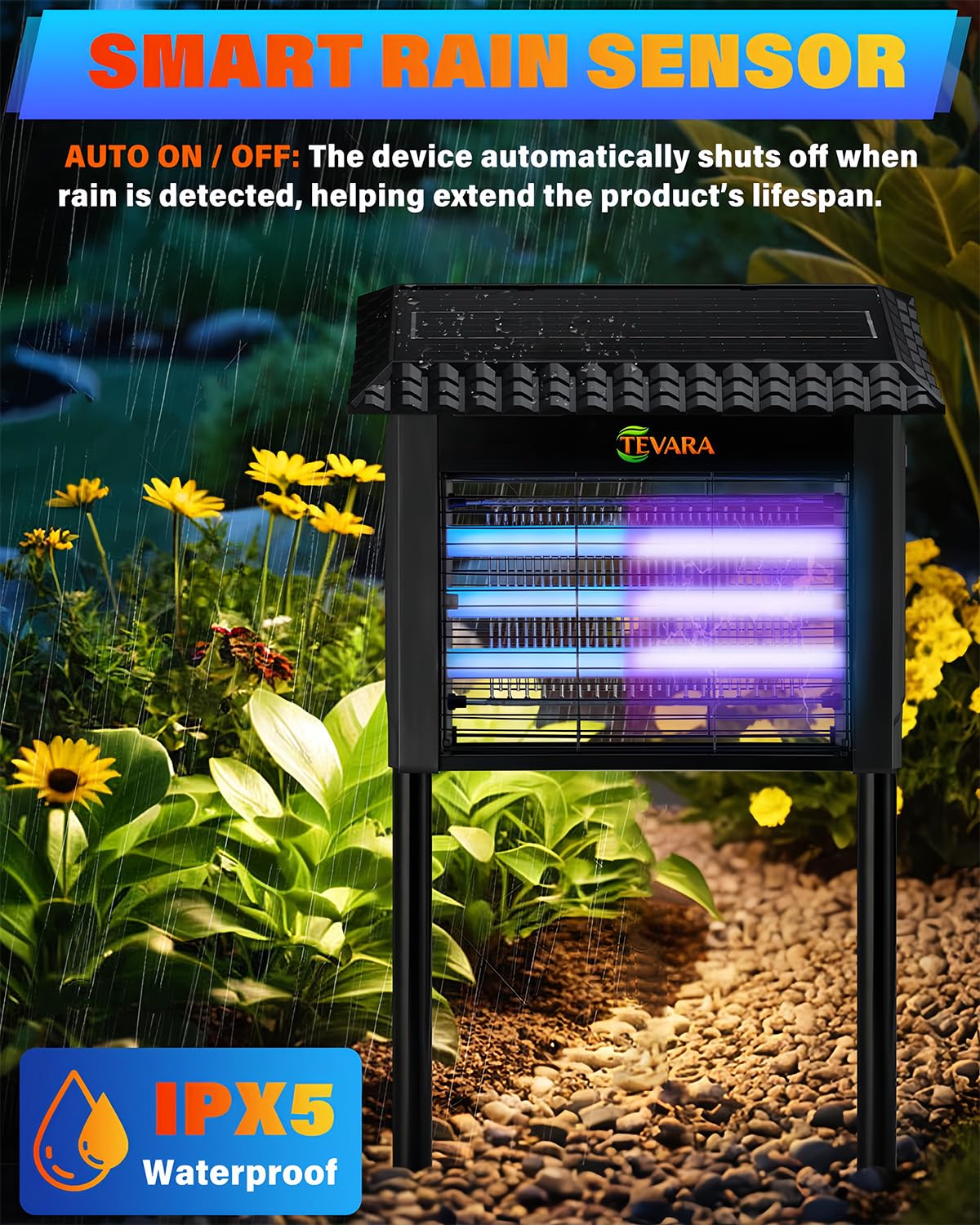 Zapper Solar Bug Zapper Outdoor - Zapper zanzare senza fili da 4500 V con controllo della pioggia, pannello solare da 10 W e sensore di luce intelligente, luci da percorso 2 in 1 e zanzariera per