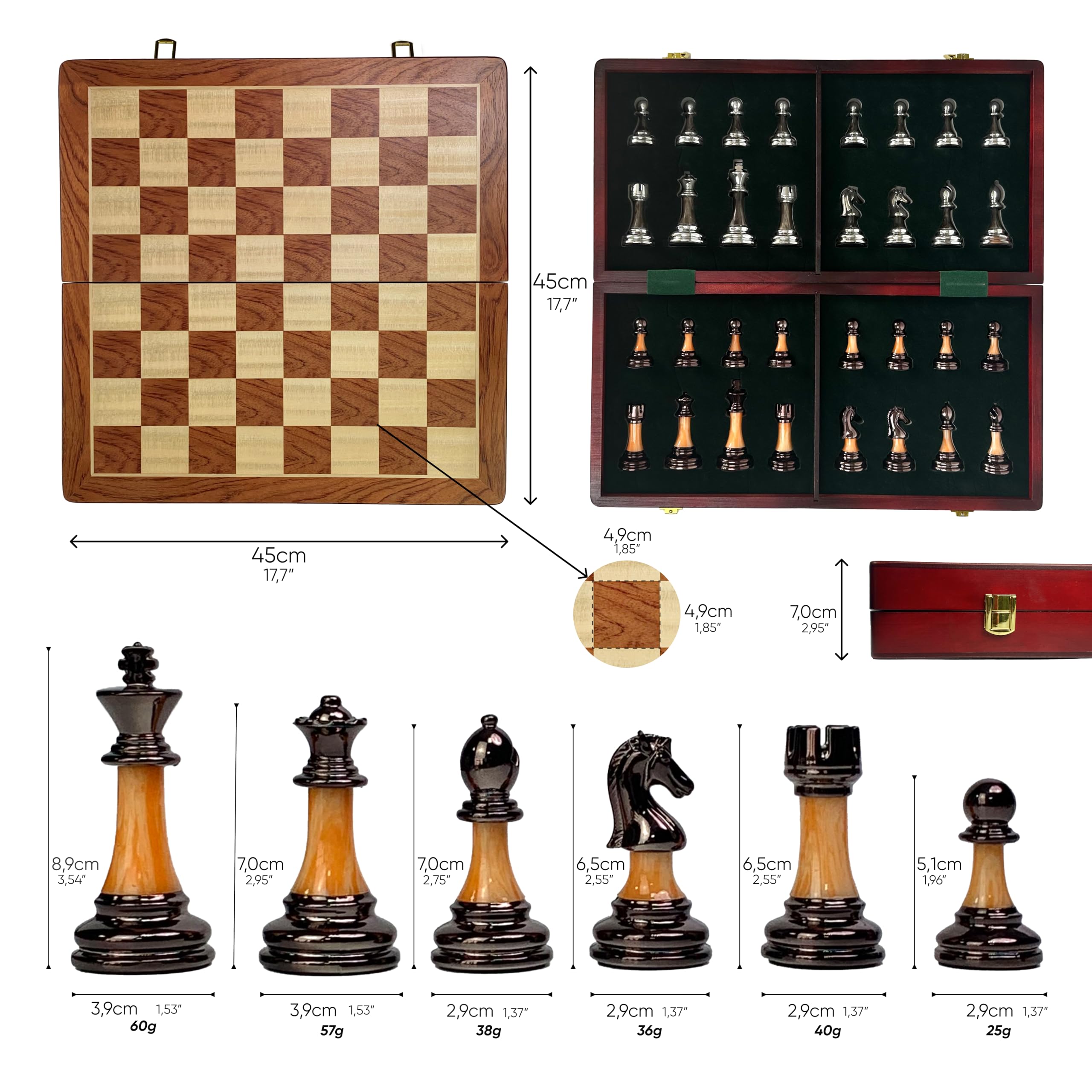Premio Scacchiera in Legno - Scacchiera Pieghevole con Pezzi di Scacchi Appesantiti in Acrilico - Set di Scacchi in Legno Fatto a Mano - Giochi di Societa per Adulti