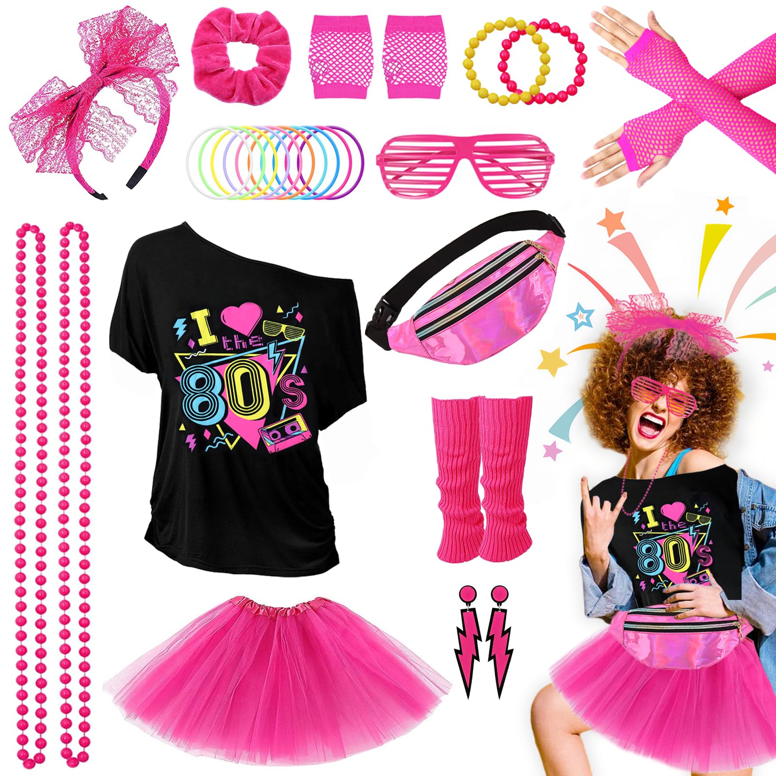 Grantop Zestaw 28 damskich strojów w stylu lat 80-tych XX wieku, w stylu lat 80., t-shirt, tutu, torba na brzuch, kolczyki, rękawice siatkowe, akcesoria na imprezę w stylu retro 80., kostium lat 80