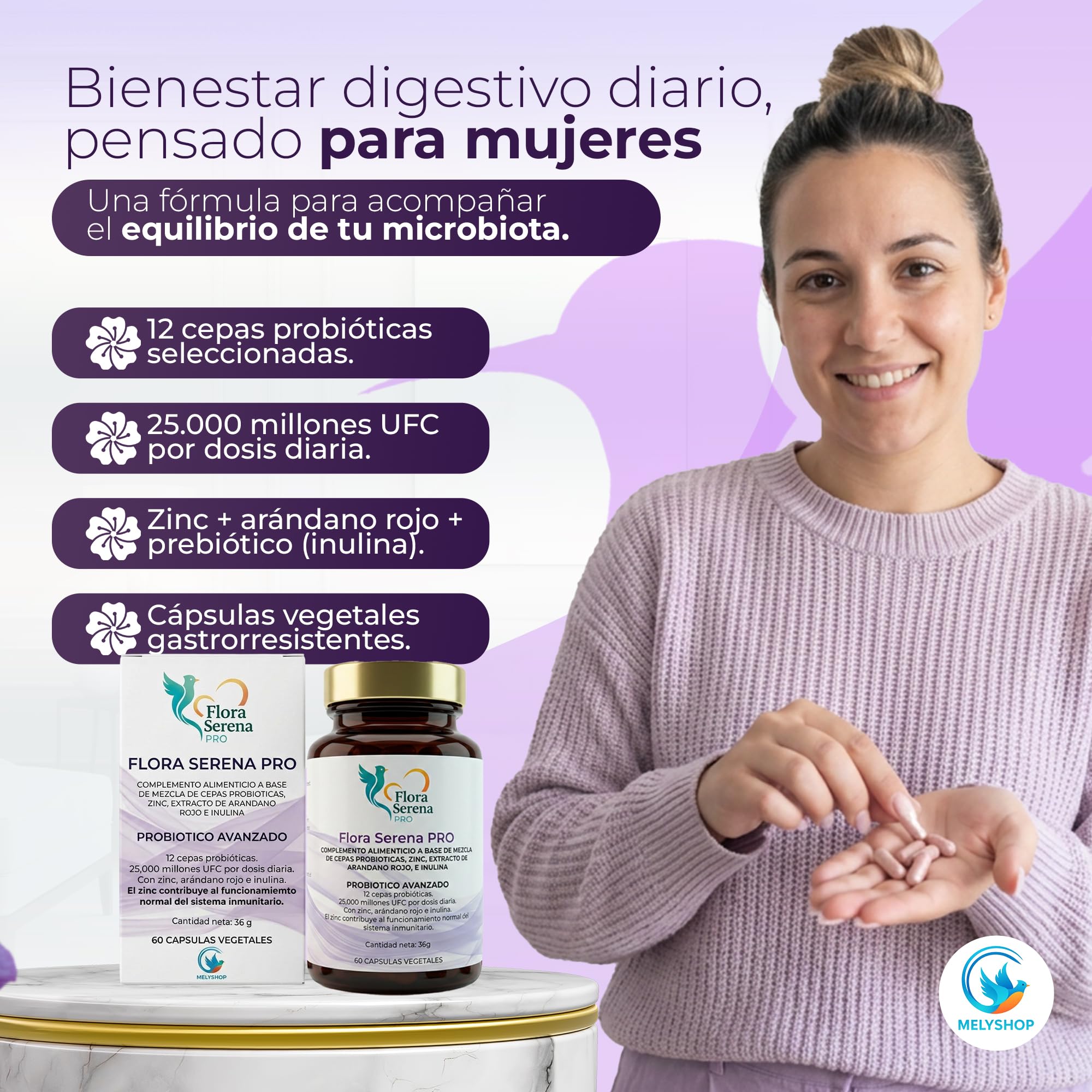 Flora Serena PRO - Probióticos Mujer Flora Íntima | Mezcla 12 Cepas, Arándano Rojo, Inulina y Zinc | Suplemento Avanzado para Equilibrar, Cuidar y Mejorar la Flora Intestinal y Digestiva