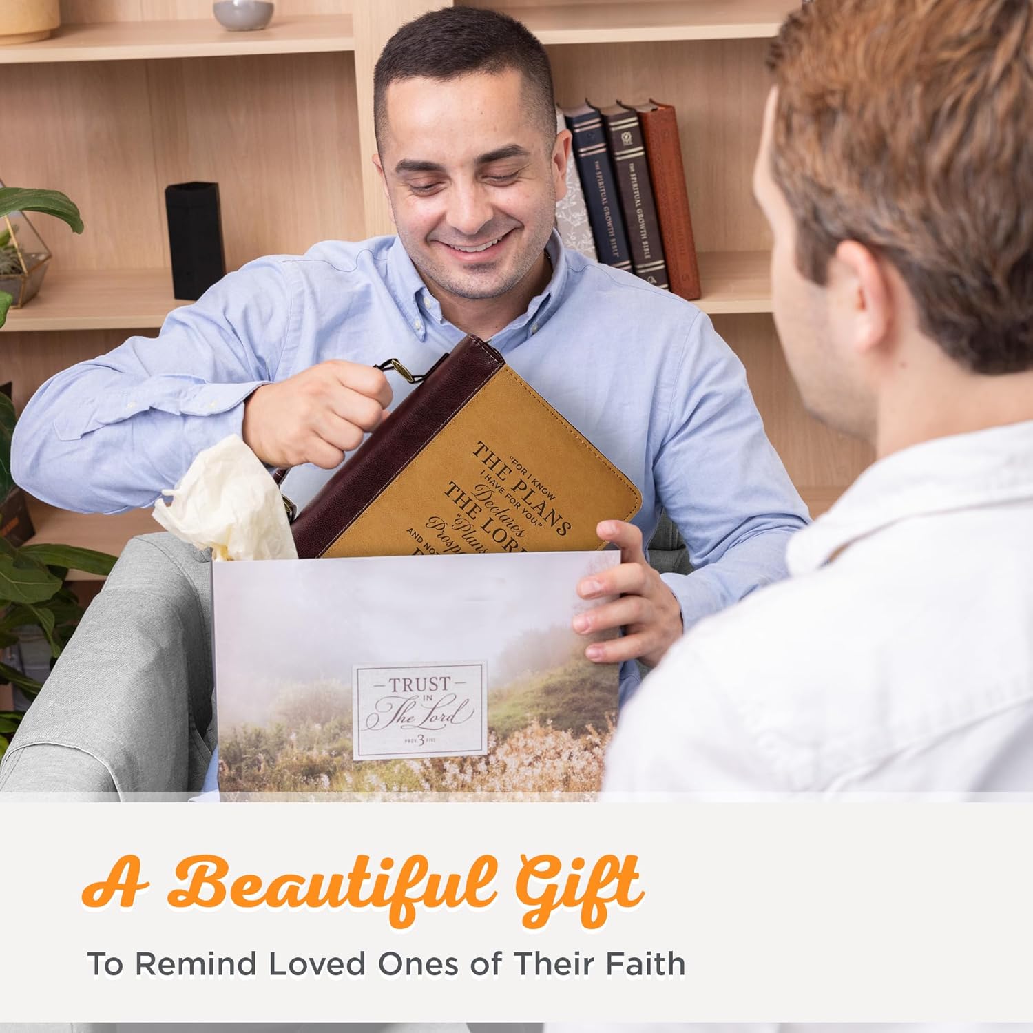 Christian Art Gifts Classic Vegan Leather Bible Cover for Men & Women: Hope & Future Encouraging Scripture Verse, Debossed Design, Sturdy Easy Carry Case, Pockets, Pen Loops Storage, Brown/Tan, XL
