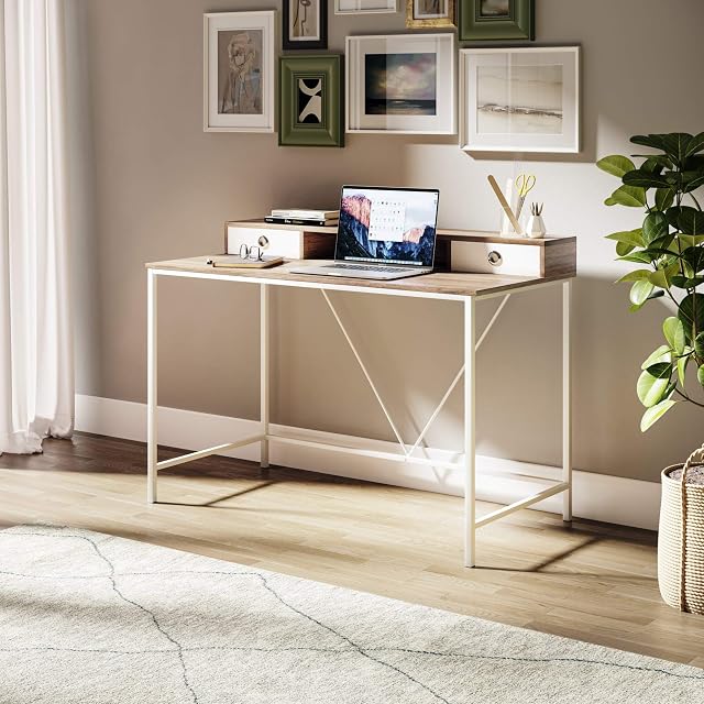 Hallowood Furniture Dudley Large Office Desk with 2 Drawer and 1 Shelf - Computer Desk for Home with Metal Legs & Wooden Top  Study Table for Children & Adults - Desks & Workstations