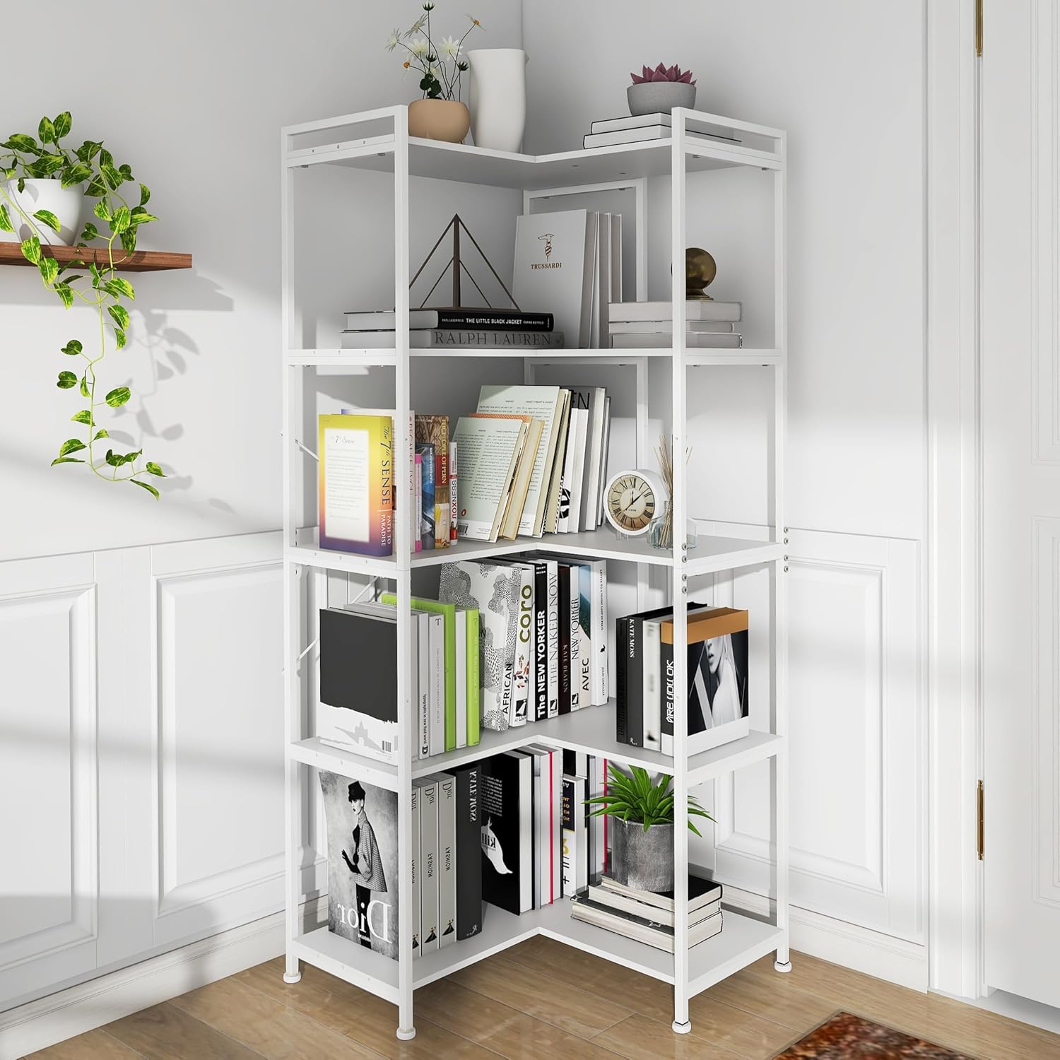 Houten boekenkast, hoge hoek boekenkast, 5 derde vrijstaande boekenplank, stapelbare moderne bibliotheek, ruimtebesparend opbergrek display (grijs a 30x30x180cm Houten boekenkast, hoge hoek boekenkast, 5 derde vrijstaande boekenplank, stapelbare moderne bibliotheek, ruimtebesparend opbergrek display (grijs a 30x30x180cm