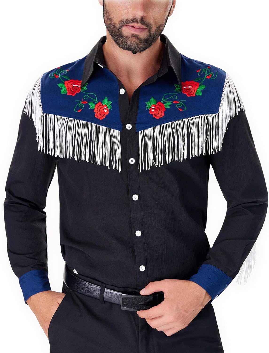 Muztagata Men's Western Cowboy Fringe Shirts Long Sleeve with Embroidered Rose Button Down Hippie Shirt