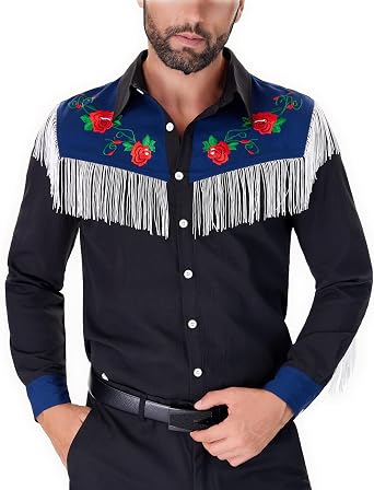 Mens Western Cowboy Fringe Shirts Long Sleeve with Embroidered Rose Button Down Hippie Shirt