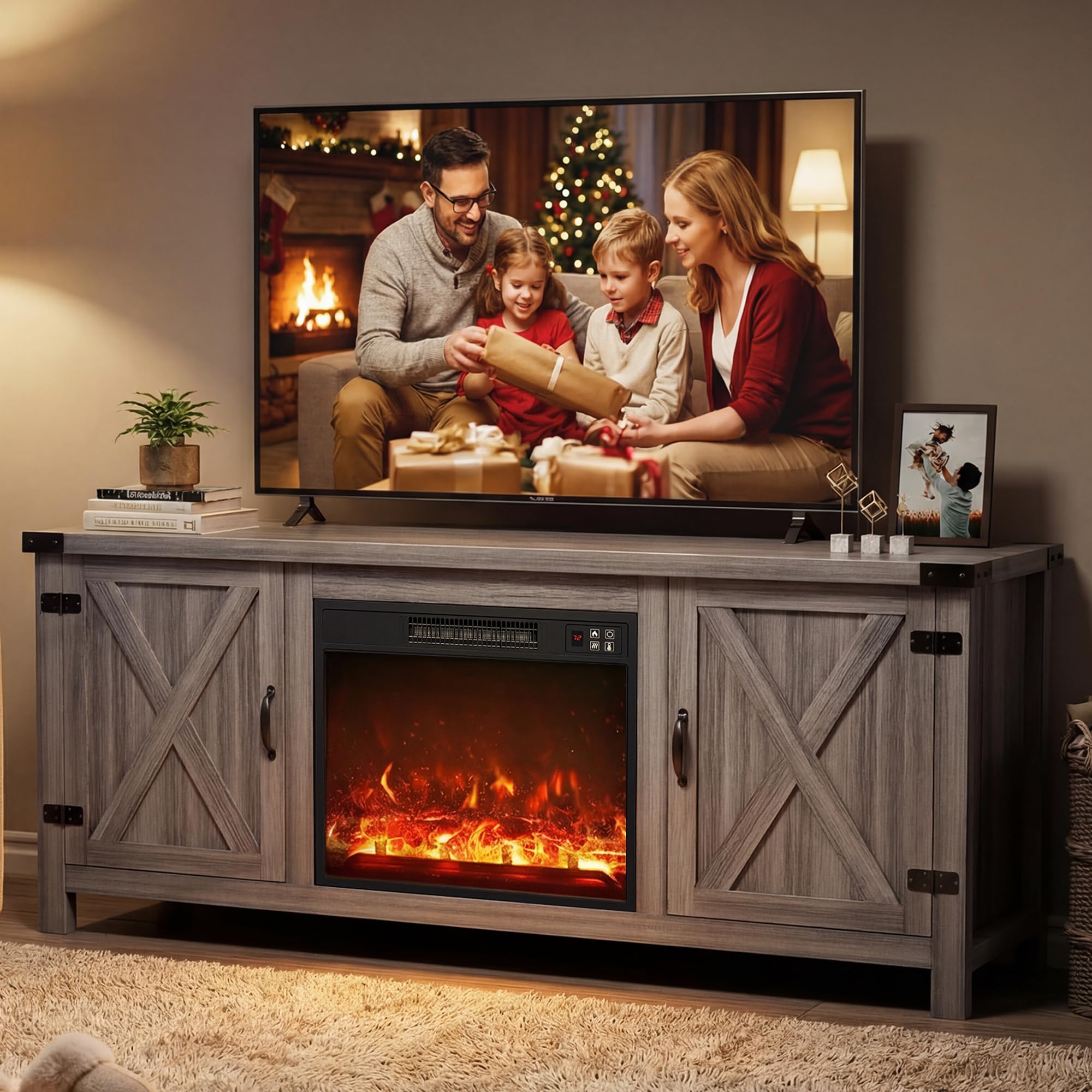 The Best Electric Fireplace TV Stands (2026) 4 SearchallYESHOMY YESHOMY Fireplace TV Stand with Two Barn Doors and Storage Cabi — product photo