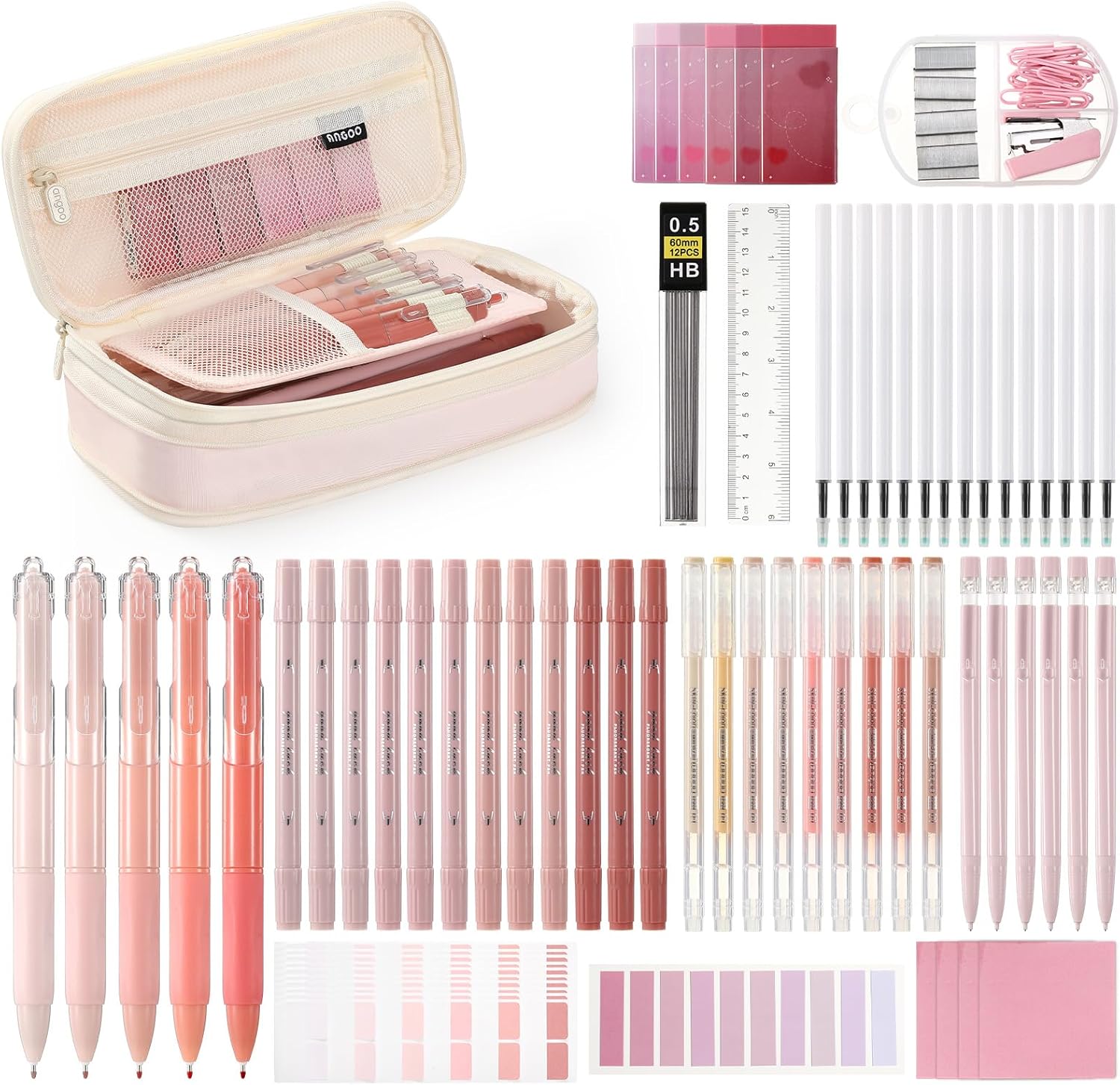 Eersida 74 Pcs Aesthetic School Supplies with Large Pencil Pouch 5 Ink Gel Pens 12 Highlighters 6 Mechanical Pencils 0.5mm 9 Color Pens 4 Note Pads Set for Student Stationary(Pink,Cute Style)