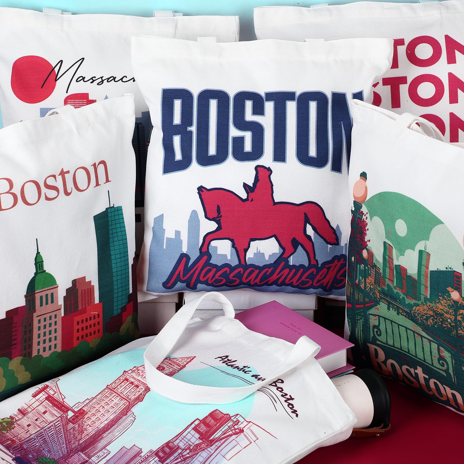 Paterr 6 Pcs Boston Souvenir Gifts Tote Bags Grocery Shopping City Themed Bag Canvas Tote City Travel Souvenirs Gifts for Women
