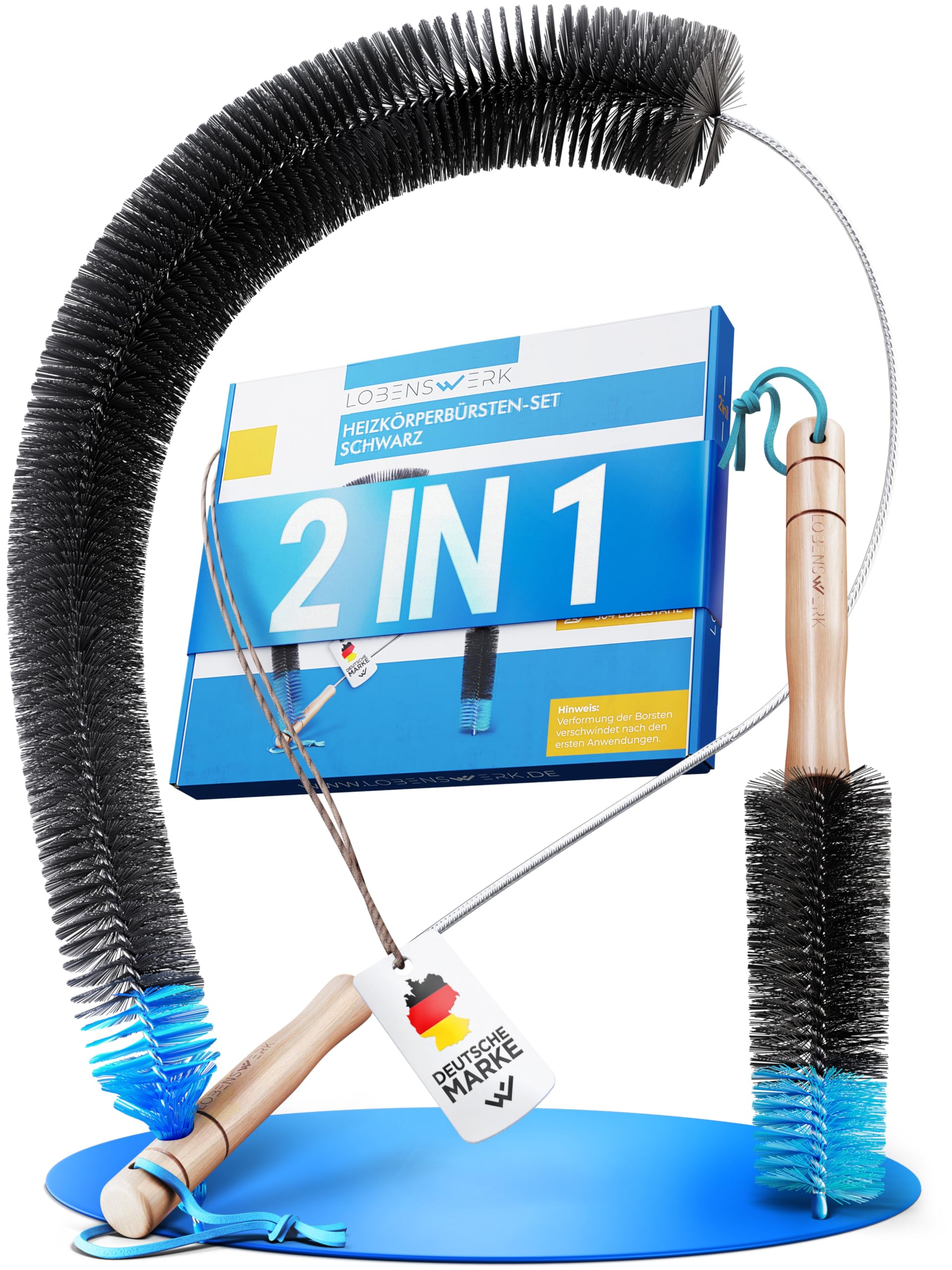 LOBENSWERK Heizkörperbürste 2.0 [2er Set - Schwarz] aus tierfreien Nylonborsten - Heizungsbürste, Heizkörper Reinigungsbürste für alle Flach- Rippen- und Badheizkörper mit Anti-Kratz-Gummiummantelung