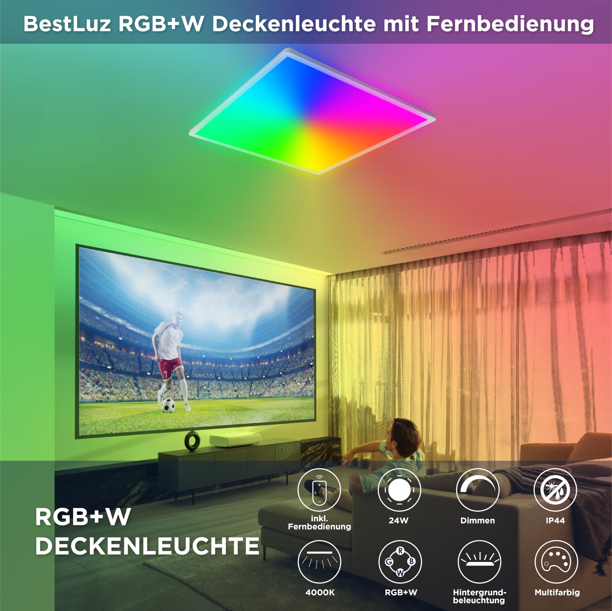BestLuz - Lámpara de techo LED (42 x 42 cm, 24 W, RGBW, color blanco neutro, 4000 K, con efecto de control remoto, para cuarto de baño, sala de estar, cocina ultrafina,