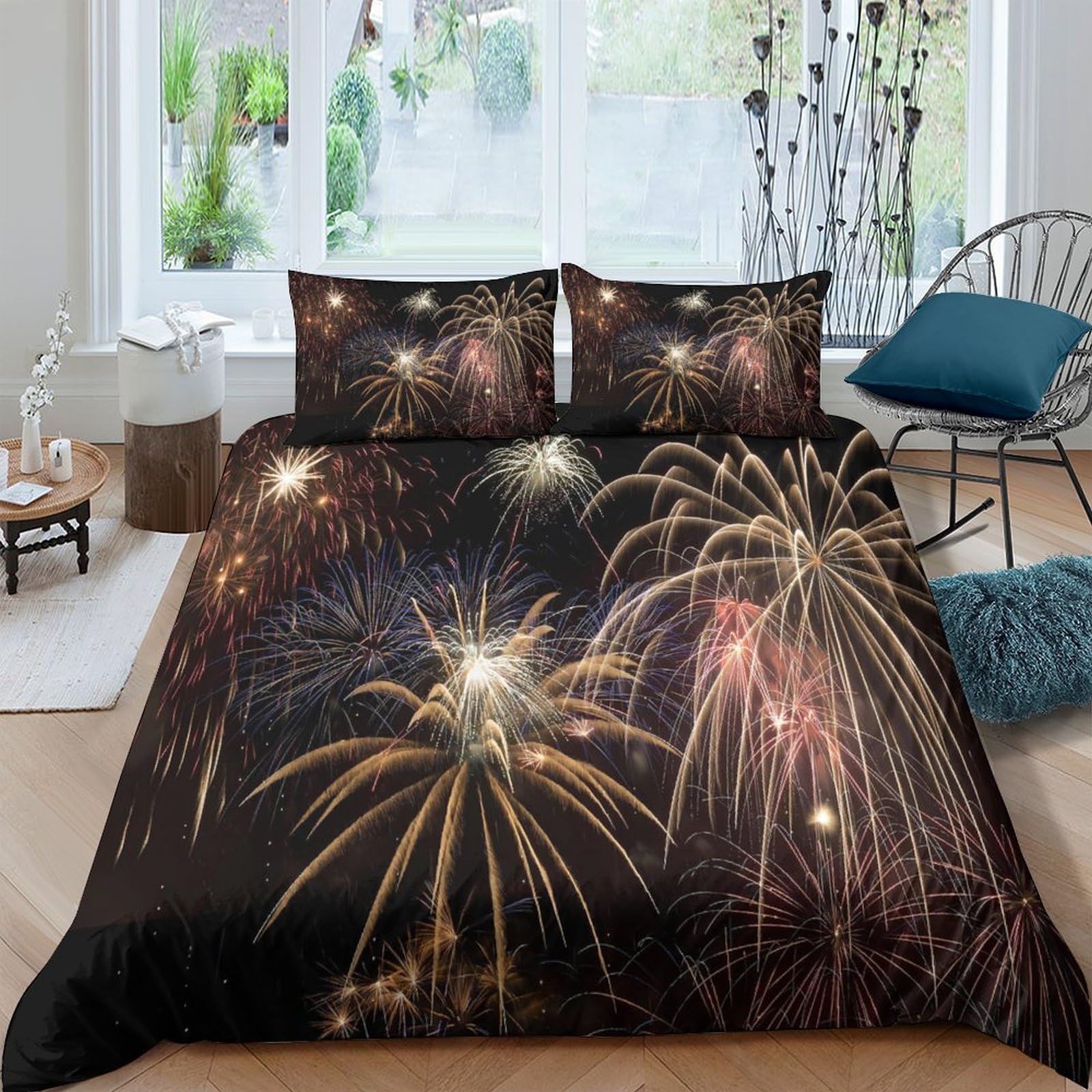 Ctjqhvkz Style-9 3D Printed Fireworks Night Sky Fitted Sheet Microfiber Soft Black Gold Mattress Cover For Bedroom Guest Room Decor Single（135X200cm）