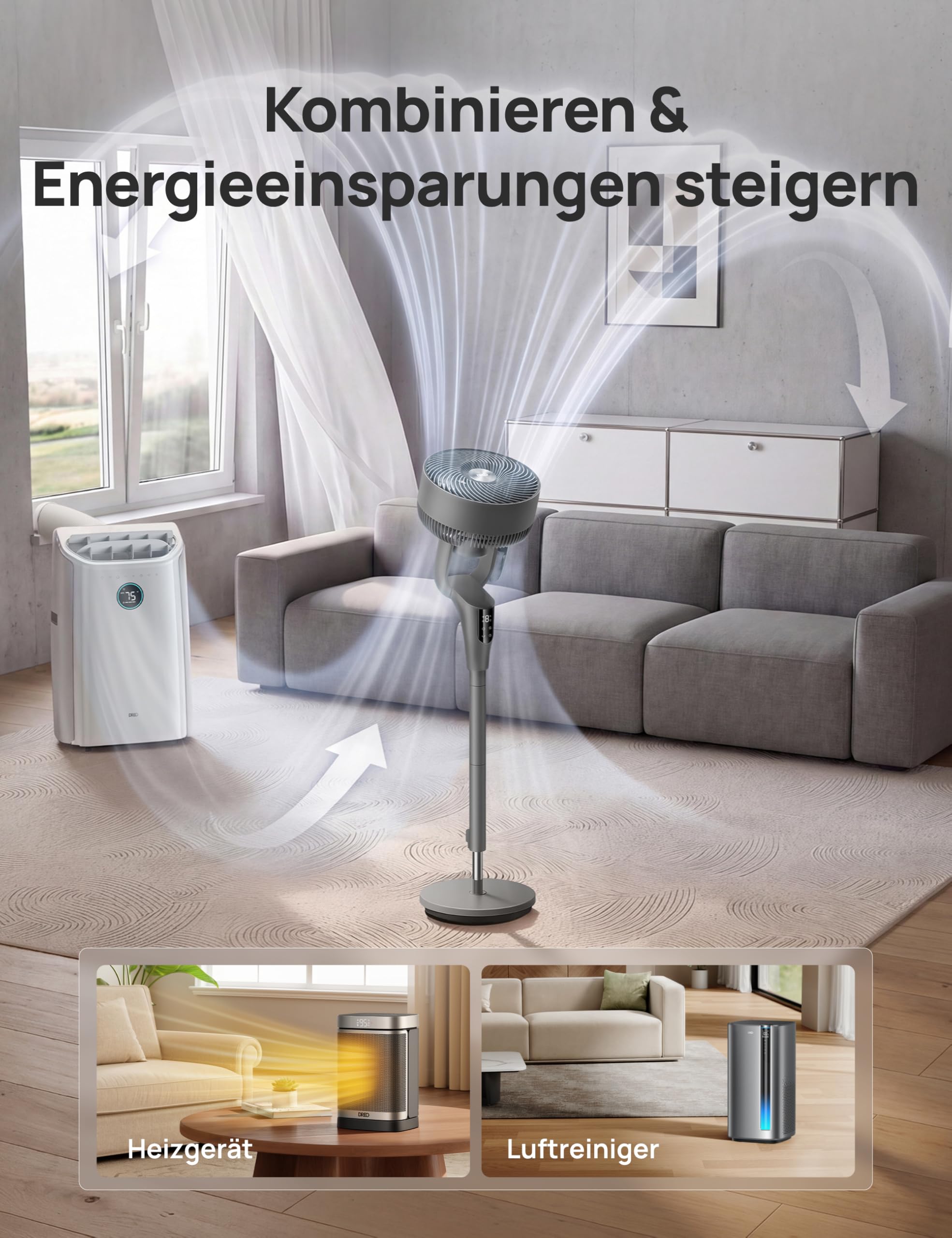 DREO Leiser Standventilator für Schlafzimmer [Verbessert], 27m Luftstrom, Leise, 90° Oszillierend, DC-Motor, 8 Geschwindigkeiten, 3 Modi, 96–106cm Höhenverstellbar, 8H Timer, 105° Manuell Neigbar