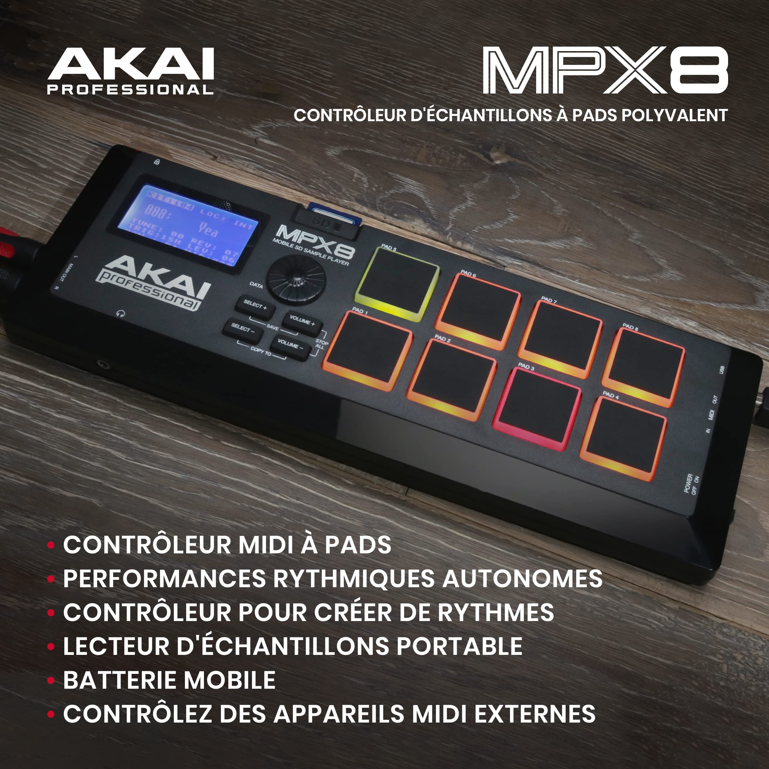 Akai Professional MPX8 - Contrôleur MIDI USB et Lecteur de Samples avec 8 Pads Sensible à la Vélocité, Éditeur de Samples et Bibliothèque de Sons