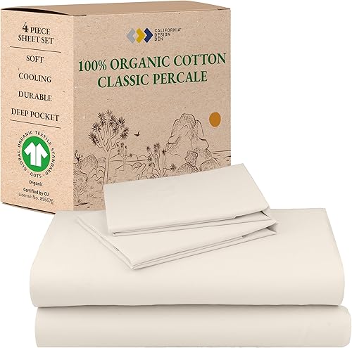 California Design Den Juego de sábanas de percal de 4 piezas 100% algodón orgánico, con certificación GOTS, suaves y refrescantes, con bolsillos California Design Den Juego de sábanas de percal de 4 piezas 100% algodón orgánico, con certificación GOTS, suaves y refrescantes, con bolsillos