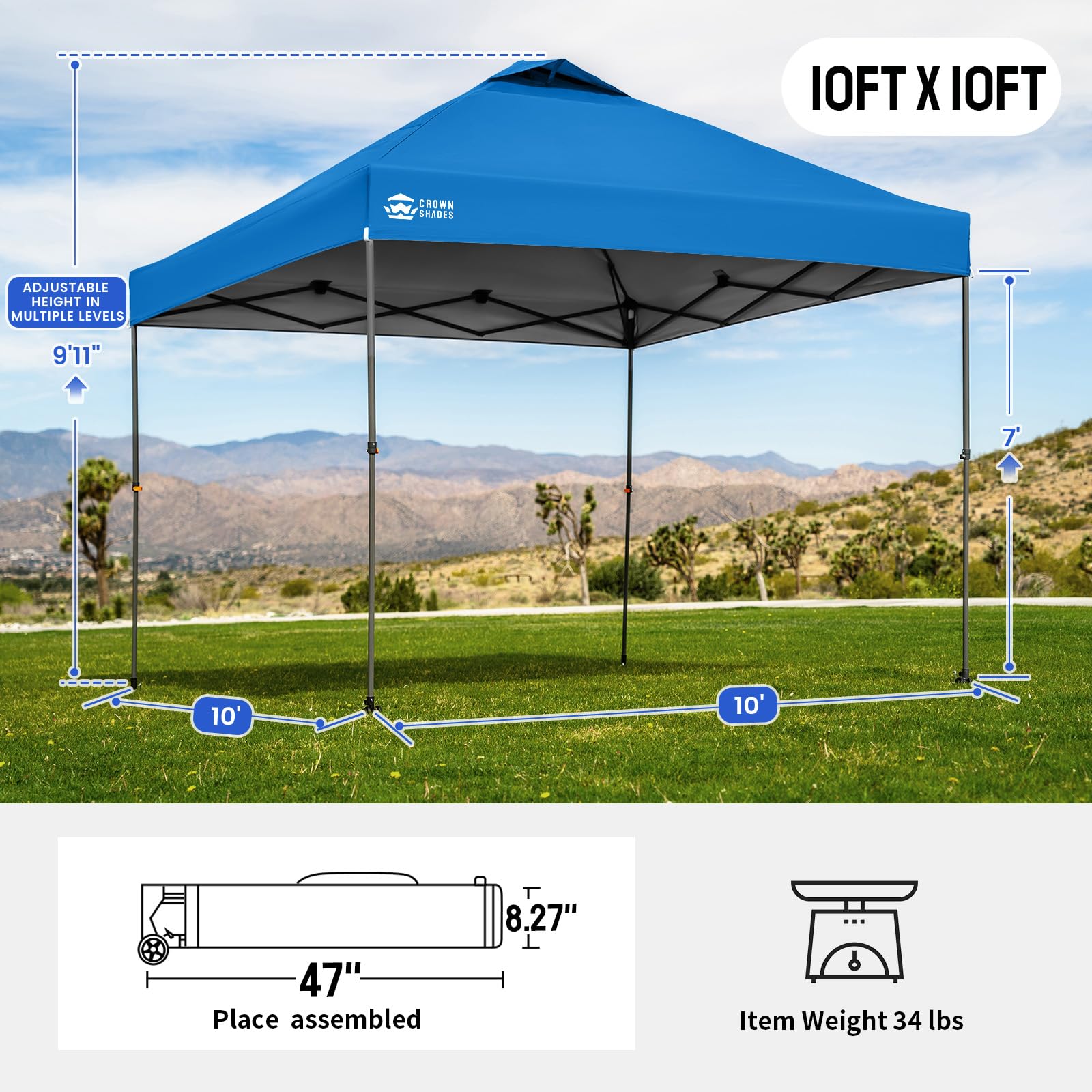 CROWN SHADES 10x10 Pop Up Canopy Tent,Outdoor Canopy, Blue