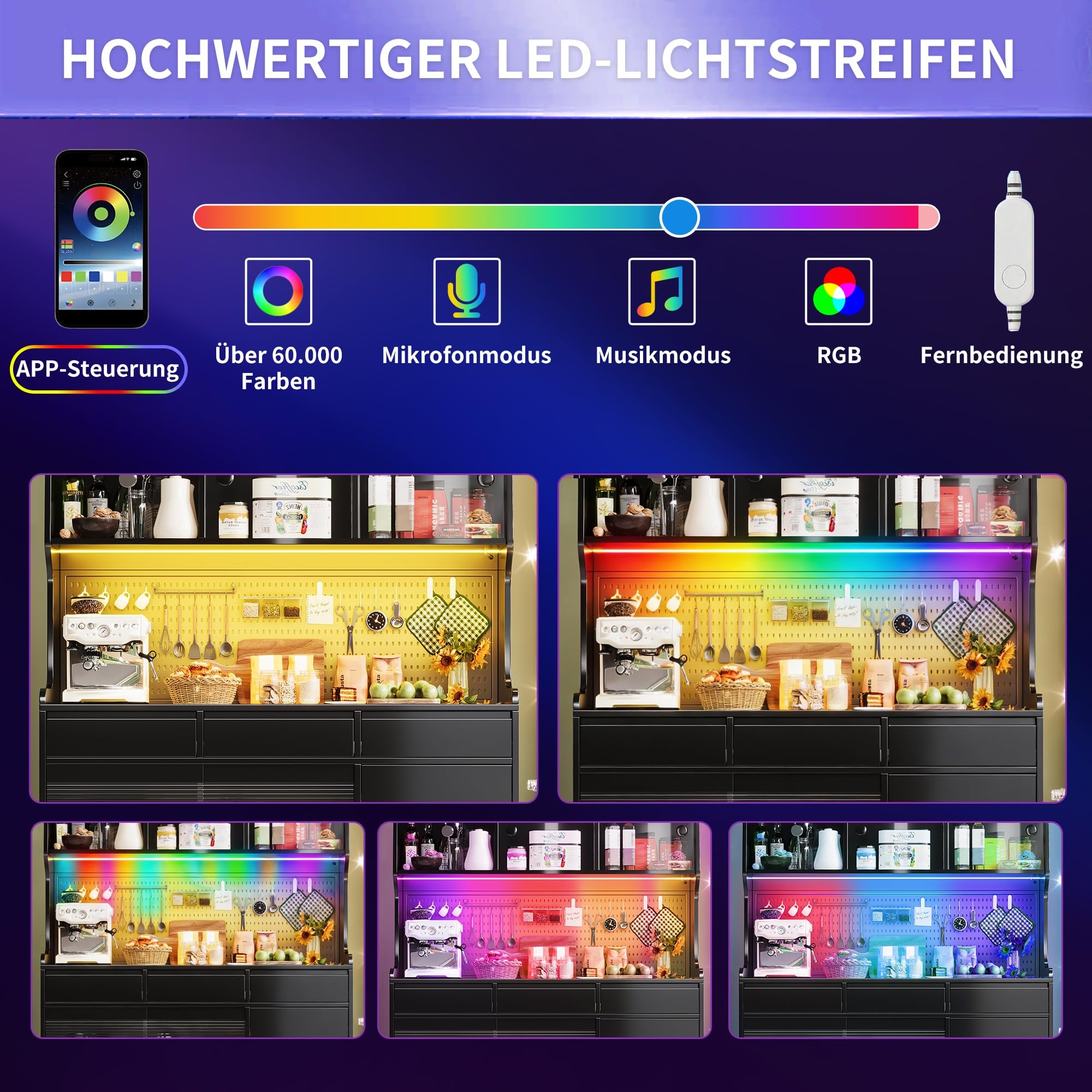 Hochschrank mit LED Beleuchtung & App-Steuerung, Küchenschrank oder Esszimmerschrank mit Schublade,Sideboard mit Aufbewahrungsregal mit Lochwand, 145x39x171cm, Schwarz
