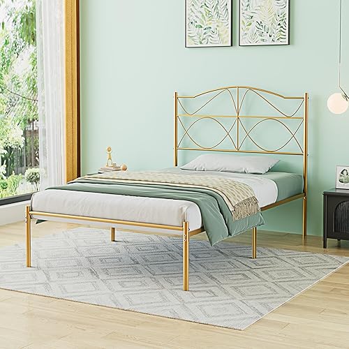 Miniatura 46 de VECELO Base de cama de plataforma metálica de tamaño matrimonial con cabecera y estribo, base de colchón de soporte de listones resistentes, no