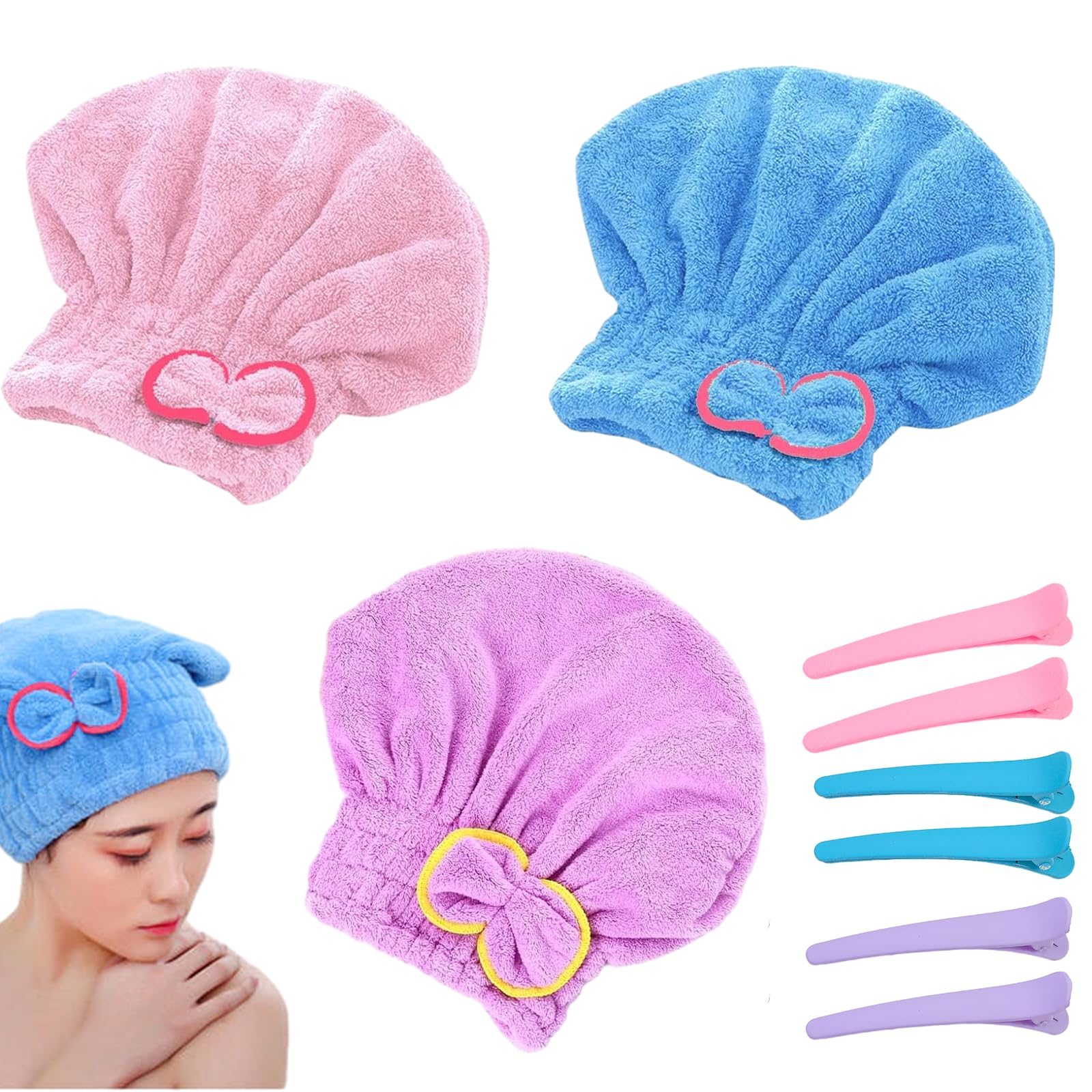 9 Piezas Microfibra Secado Rápido Gorro de Pelo Seco Set, Coral Fleece Toallas para el Cabello con Pinza para el Pelo, Nudo de Lazo sin Botones Toalla de Pelo para Ducha, SPA, Maquillaje, Mujeres