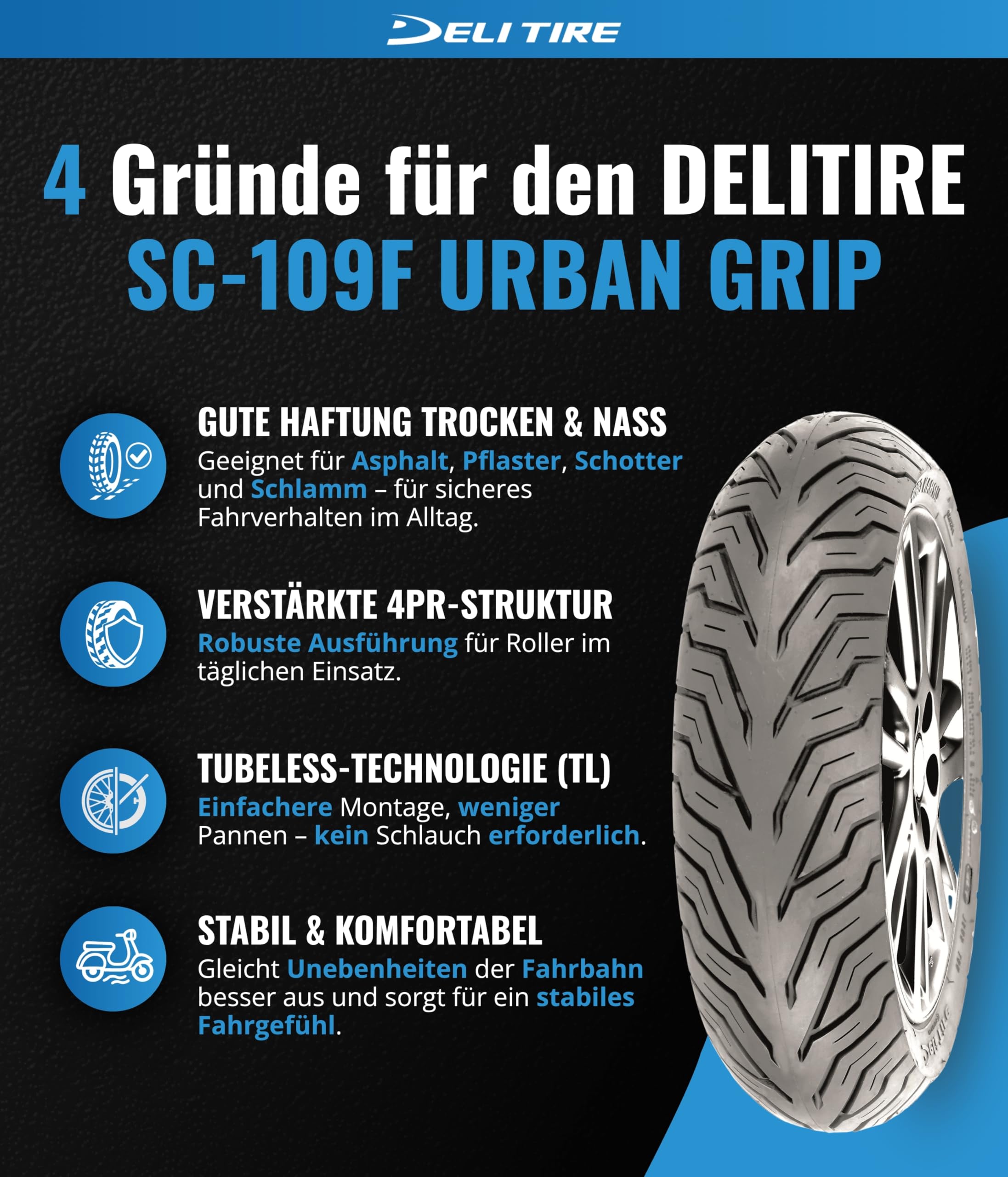 Rollerreifen Reifen DELI SC-109 URBAN GRIP VORDER/Heck 120/70-15 Ganzjahres Neu