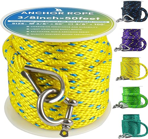 Vista 33 de Cuerda de anclaje premium de 100 pies x 3/8 pulgadas, cuerda marina de línea de anclaje MFP trenzada sólida con dedal y grillete, color negro