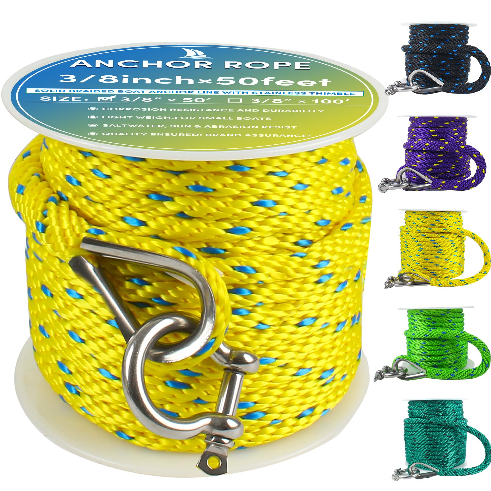 Premium Anchor Rope 50 ft x 3/8 inch, Solid Braid MFP Anchor Line Marine Rope with Thimble & Shackle - Yellow/Blue — image 1
