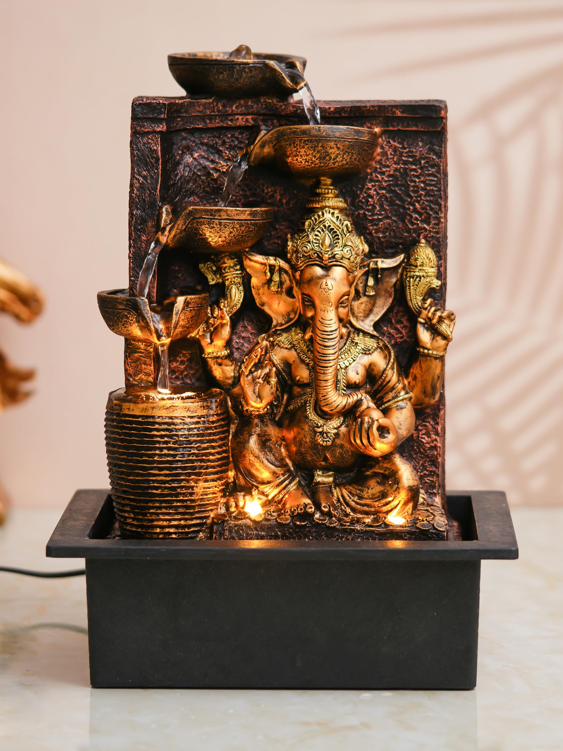 CHRONIKLE Polyresin Brown Golden Ganesha Idol Tabletop Indoor 4 Diya Steps Water Fountain for Home Decor with Yellow LED Light & Water Flow Controller Pump (Size: 39 x 29.5 x 22CM | Wt: 2195grm)-image-22
