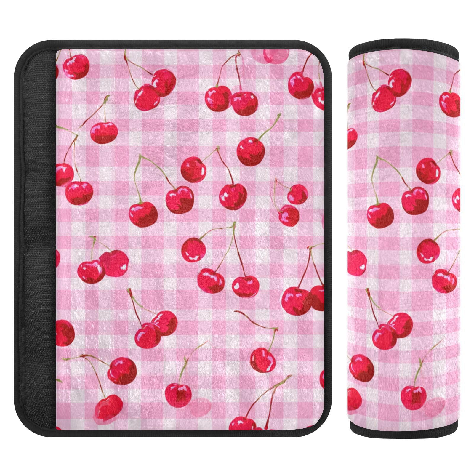 2 Pack Seatbelt Covers Seat Belt Cover Pad for Adults Boys Girls Car Seat Strap Covers Pads Cushion Universal Shoulder Strap Pad Protector for Backpack Camera Bag 10x7.7Inch Pink Juicy Checkered Cherr