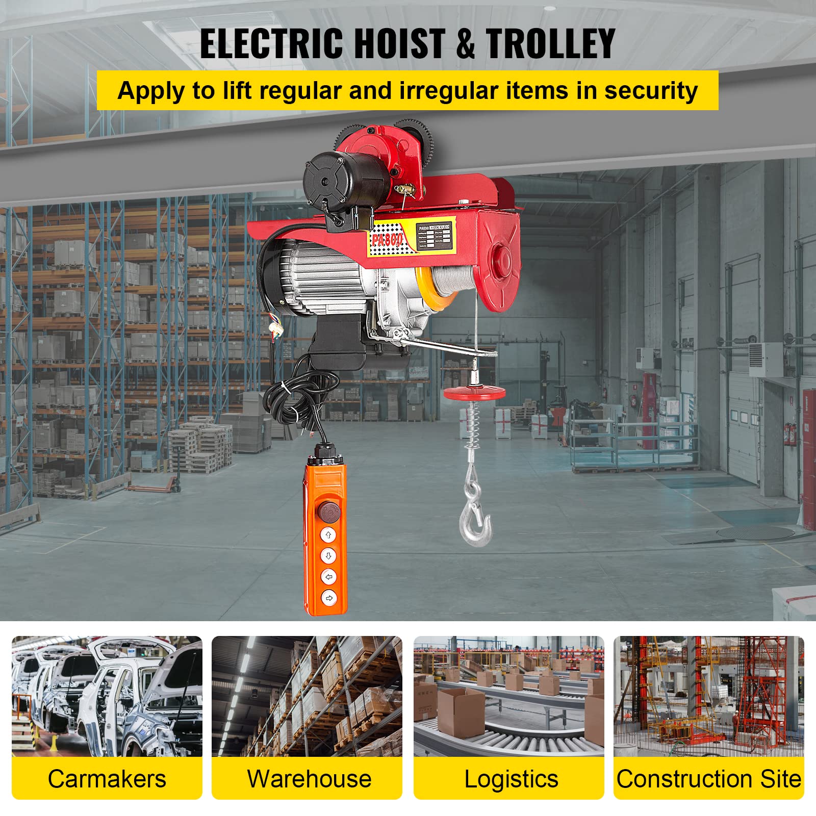 VEVOR Polipasto Eléctrico Motor de 1300 W Capacidad de 800 kg, Montacargas con Carretilla Eléctrica Cable de 12 m, Alambre de Acero Antirrotación de Alta Seguridad, Palanca de Elevación para Garaje
