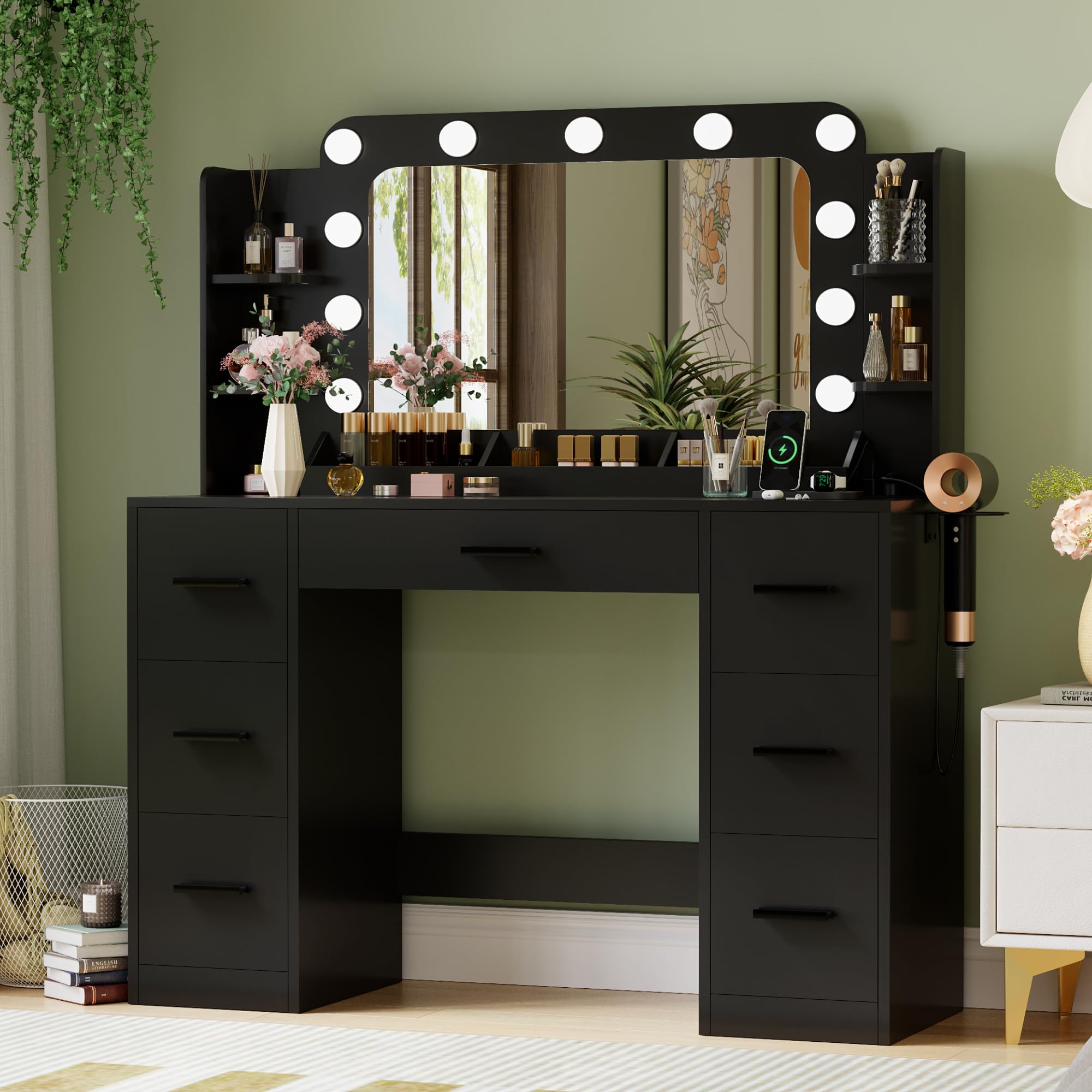 JUMMICO Makeup Vanity Desk with Large Mirror and Lights, Vanity with Power Strip and Hairdryer Holder, 6 Open Shelves and 7 Drawers Modern Dressing