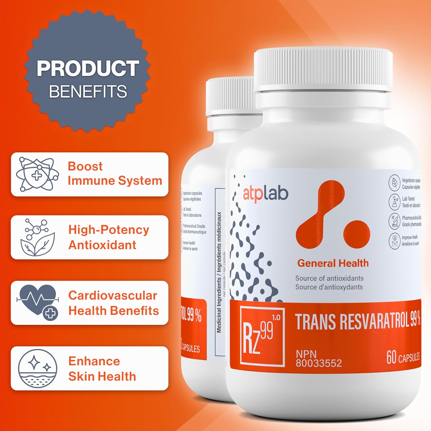 ATP LAB - Trans Resveratrol 60 Capsules 60-Day Supply - Source of Antioxidants - Improve Immune System, Cardiovascular Health and Enhance Skin Health - Non-GMO and Gluten-Free